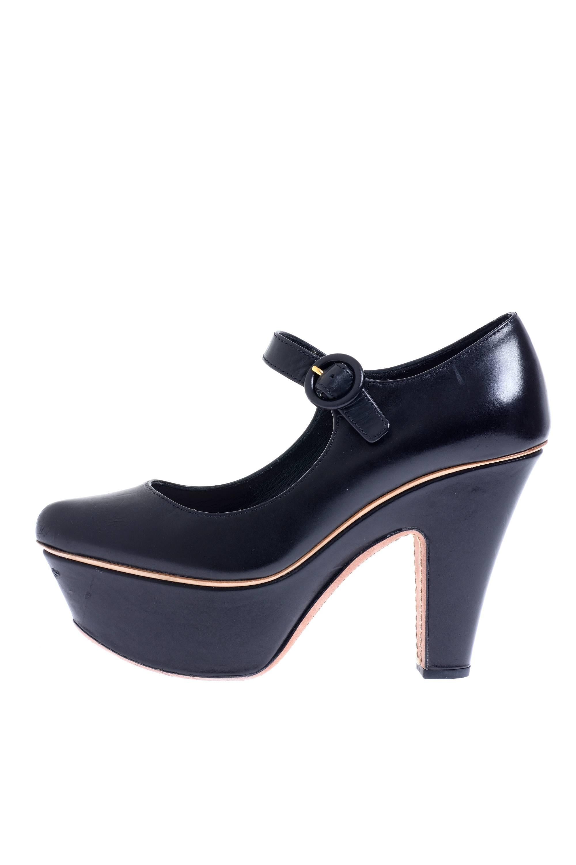 Women's 2011 SS PRADA Black Leather Shoes Mary Jane With Visible High Heel and Platform