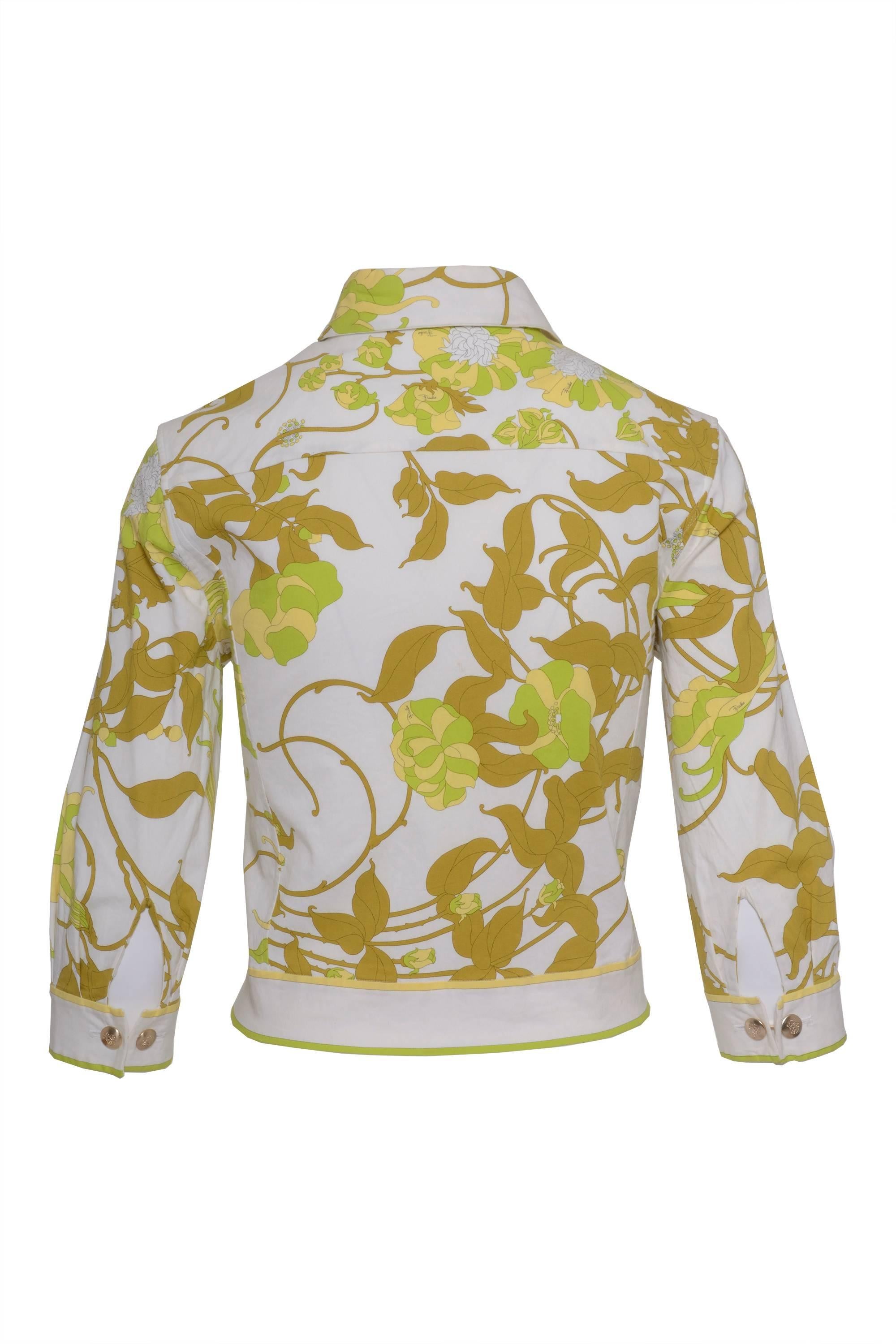 1980s EMILIO PUCCI Floral print jacket with two-seam frontal pockets, regular collar with 2 gold snap, frontal hided zipper, Armhole Princess seam and Horizontal back yoke, the sleeves has loop closure in the cuff, with 1 cufflink. Made in