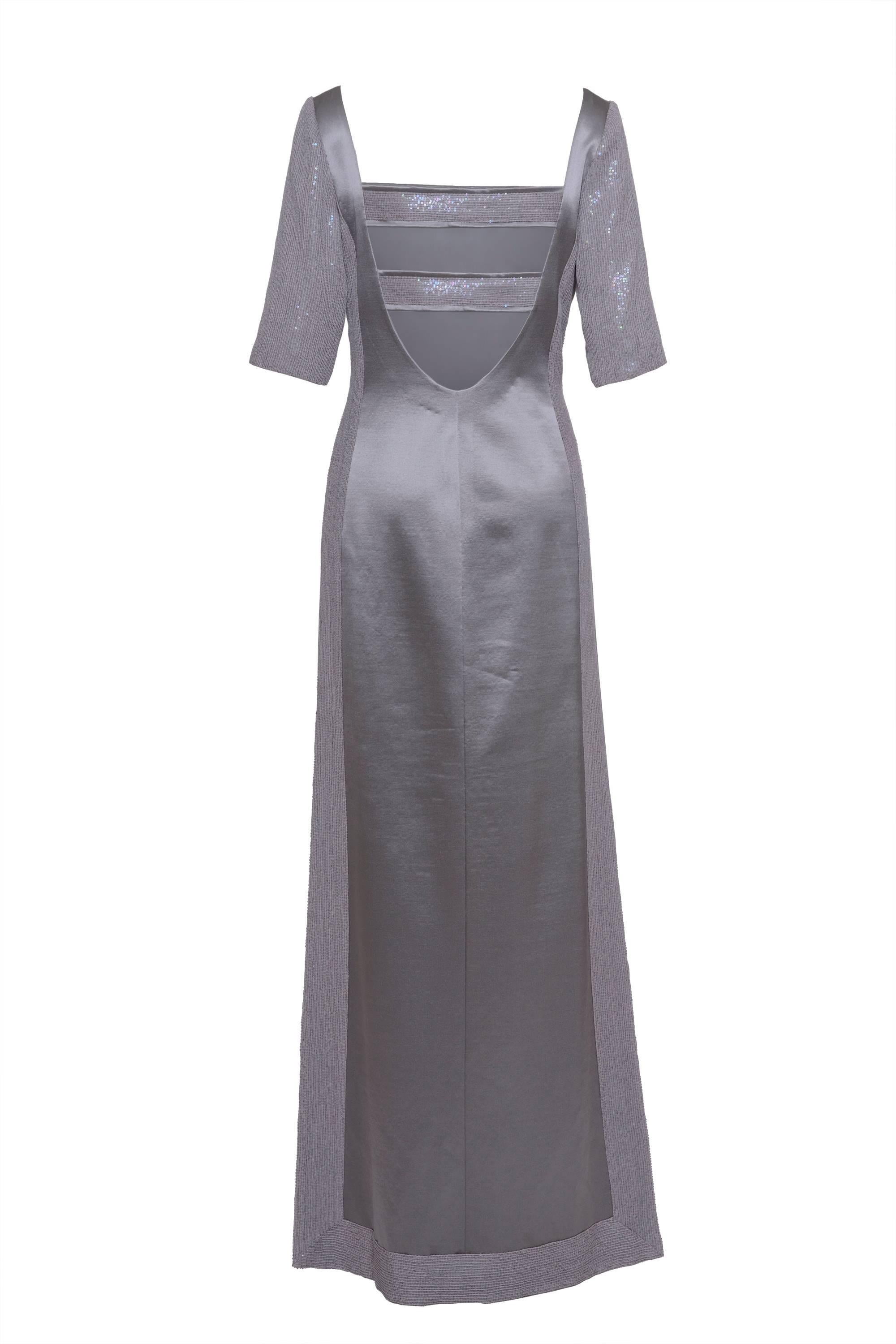 Women's 1990s Gray Embroidered Satin Evening Dress For Sale
