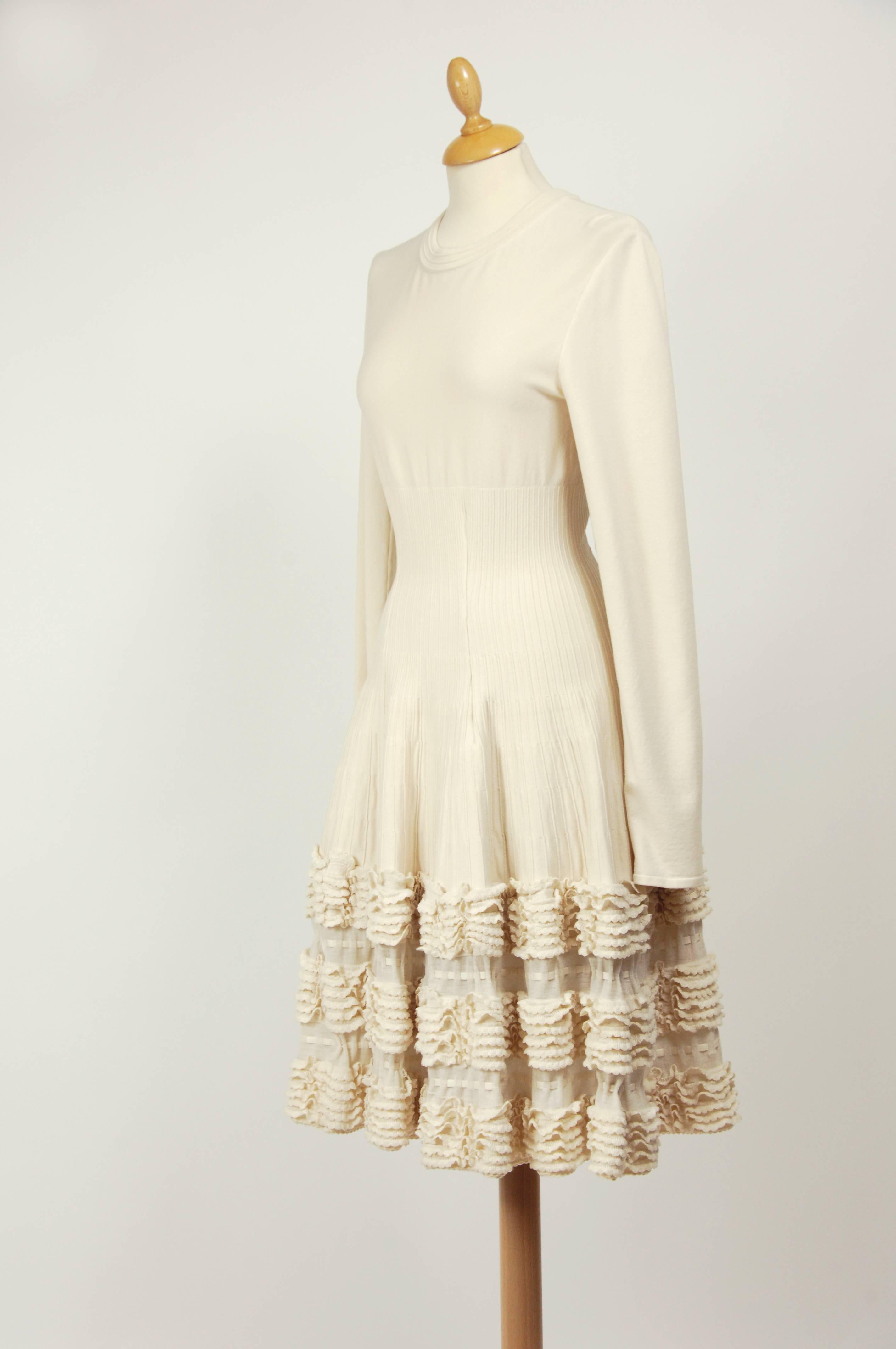 Beige Alaïa Wool Knit Stretch Ruffle Dress For Sale