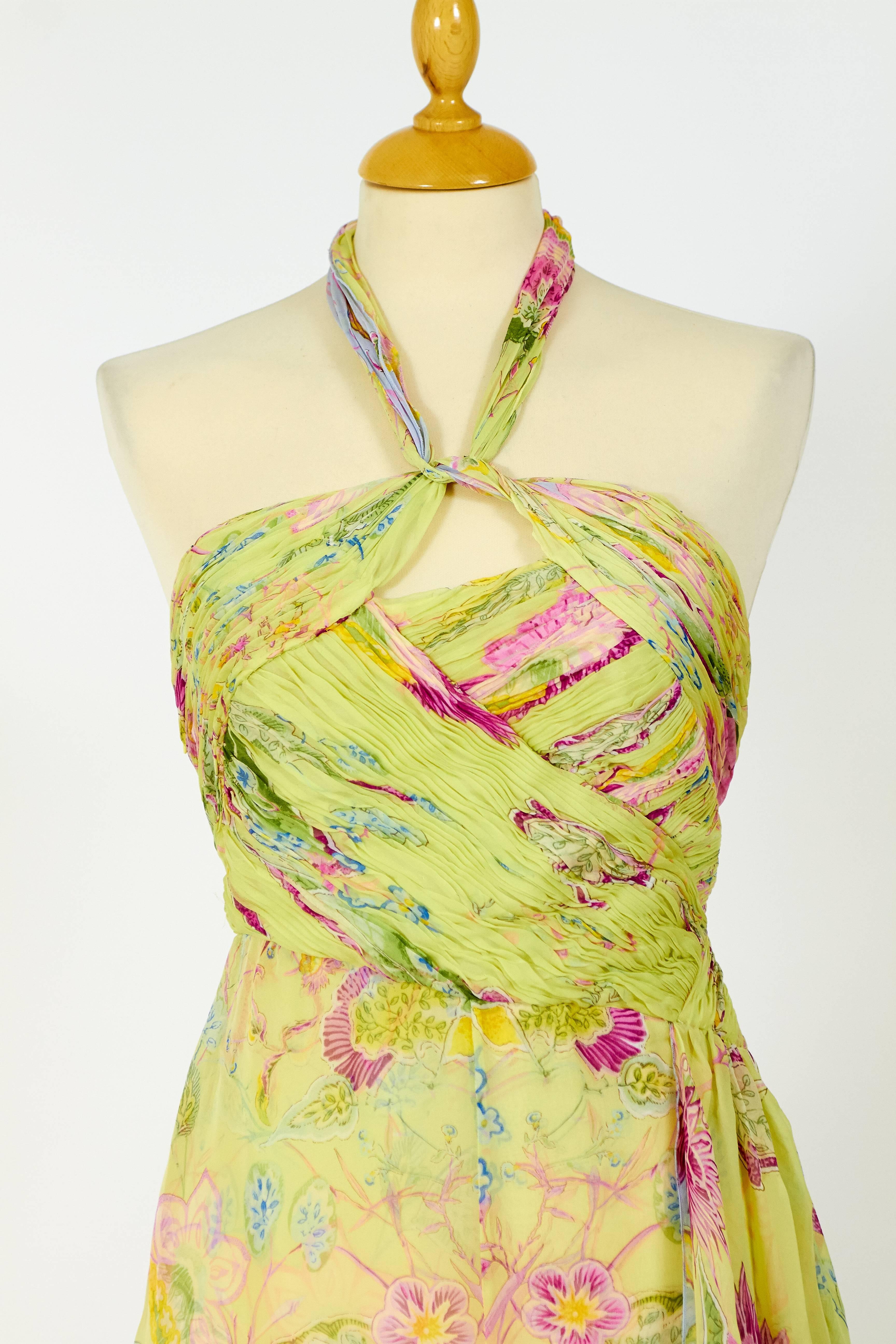 Beige Valentino Silk Floral Print Halter Top Long Dress For Sale