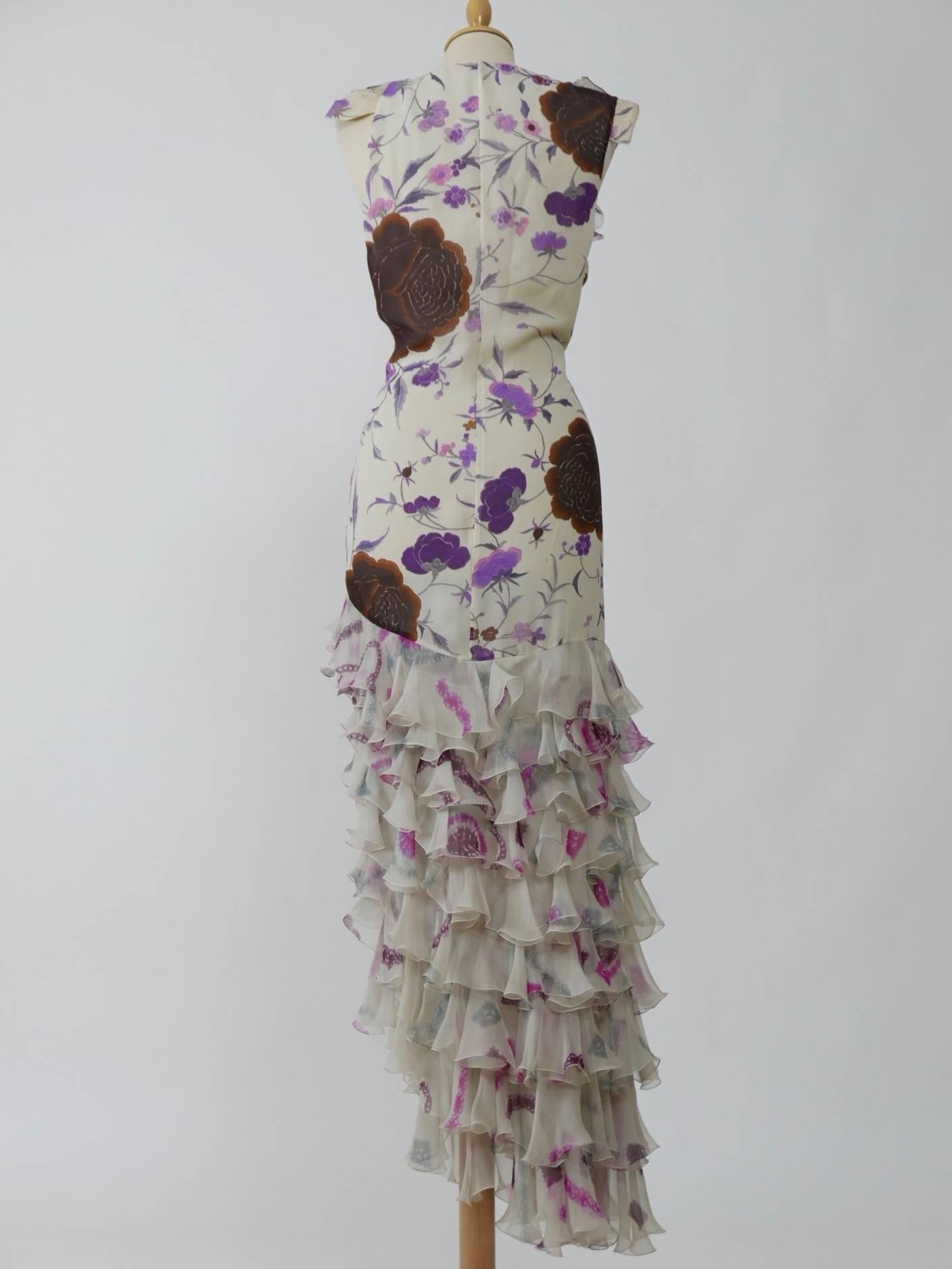 Gray Emanuel Ungaro Floral Print Silk Long Ruffle Dress