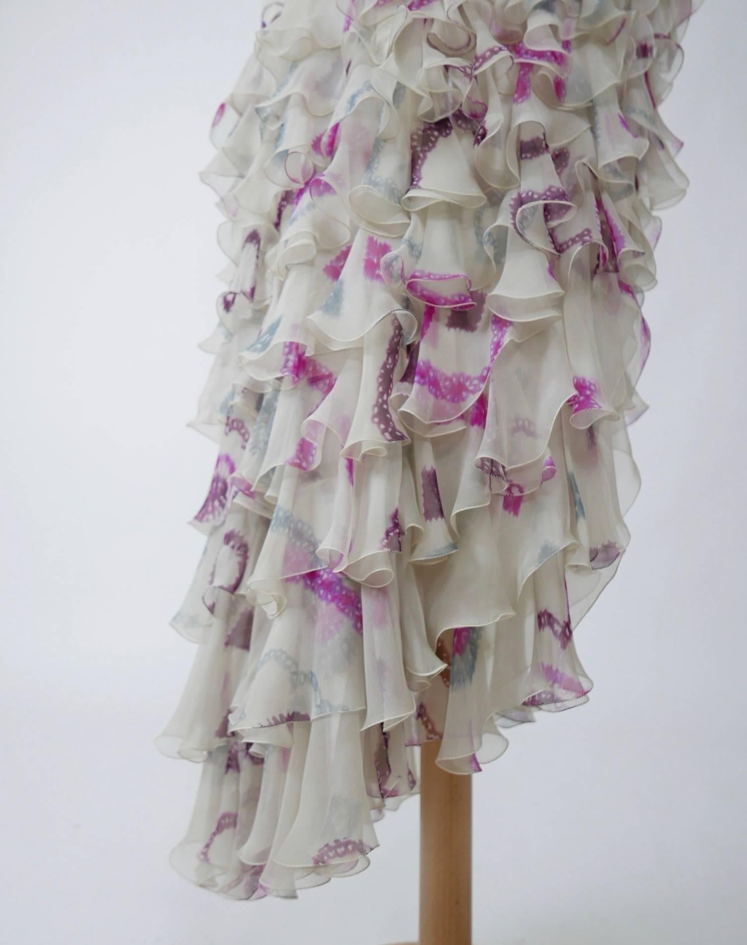 Emanuel Ungaro Floral Print Silk Long Ruffle Dress In Excellent Condition In Milan, Italy