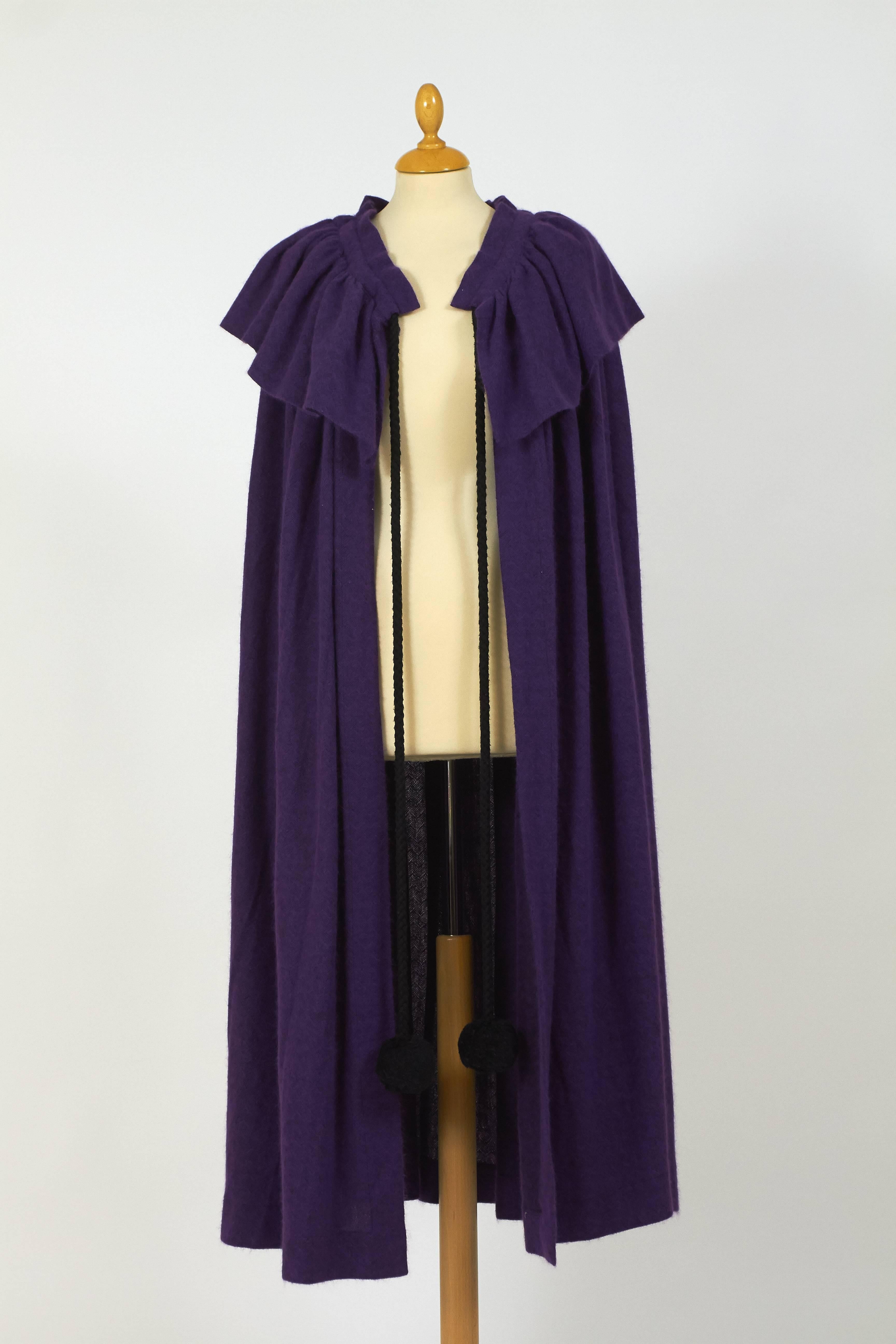 Black 1970s Saint Laurent Rive Gauche Purple Wool Cape Cloack Coat For Sale