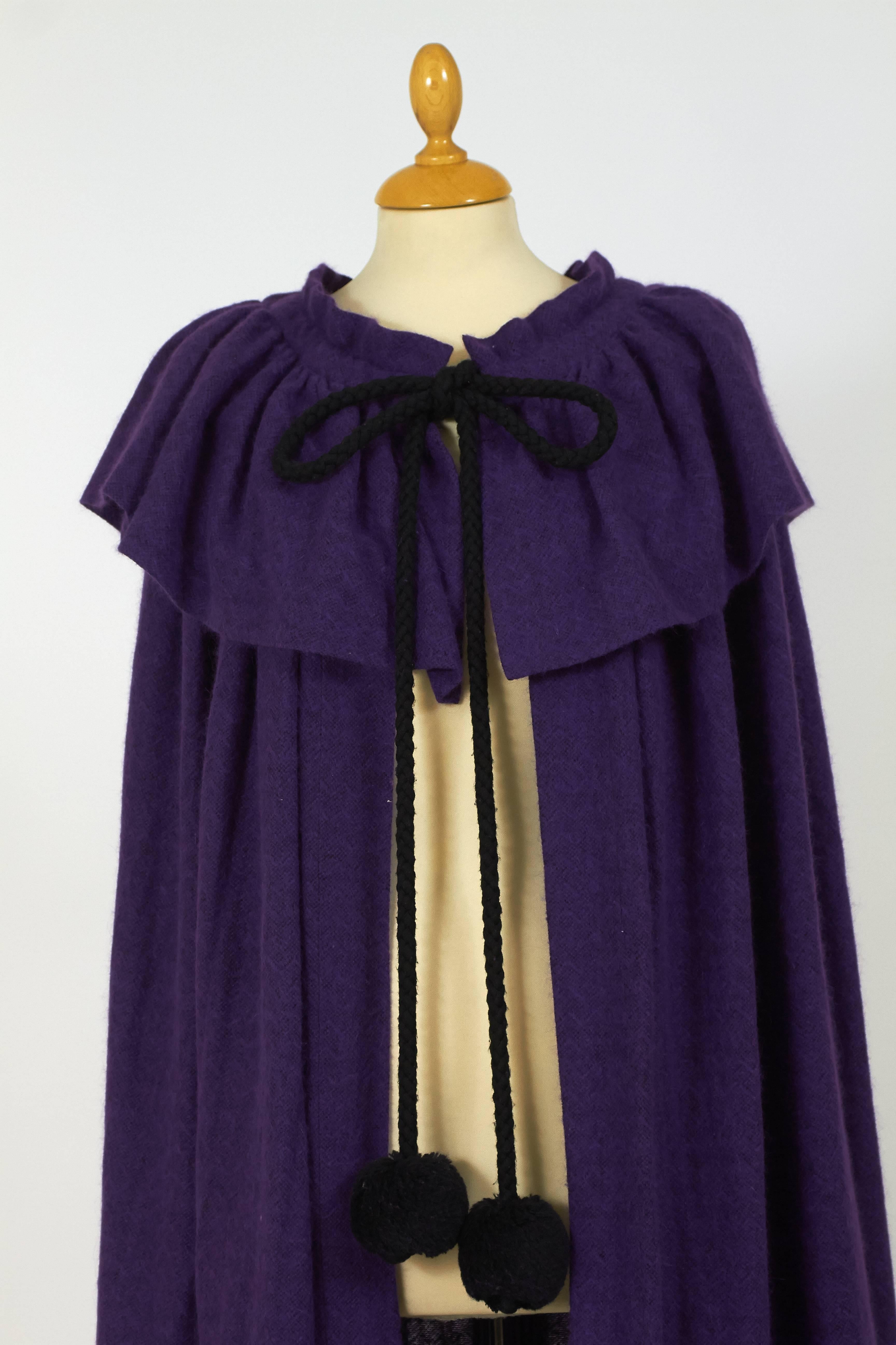 1970s Saint Laurent Rive Gauche Purple Wool Cape Cloack Coat For Sale 1