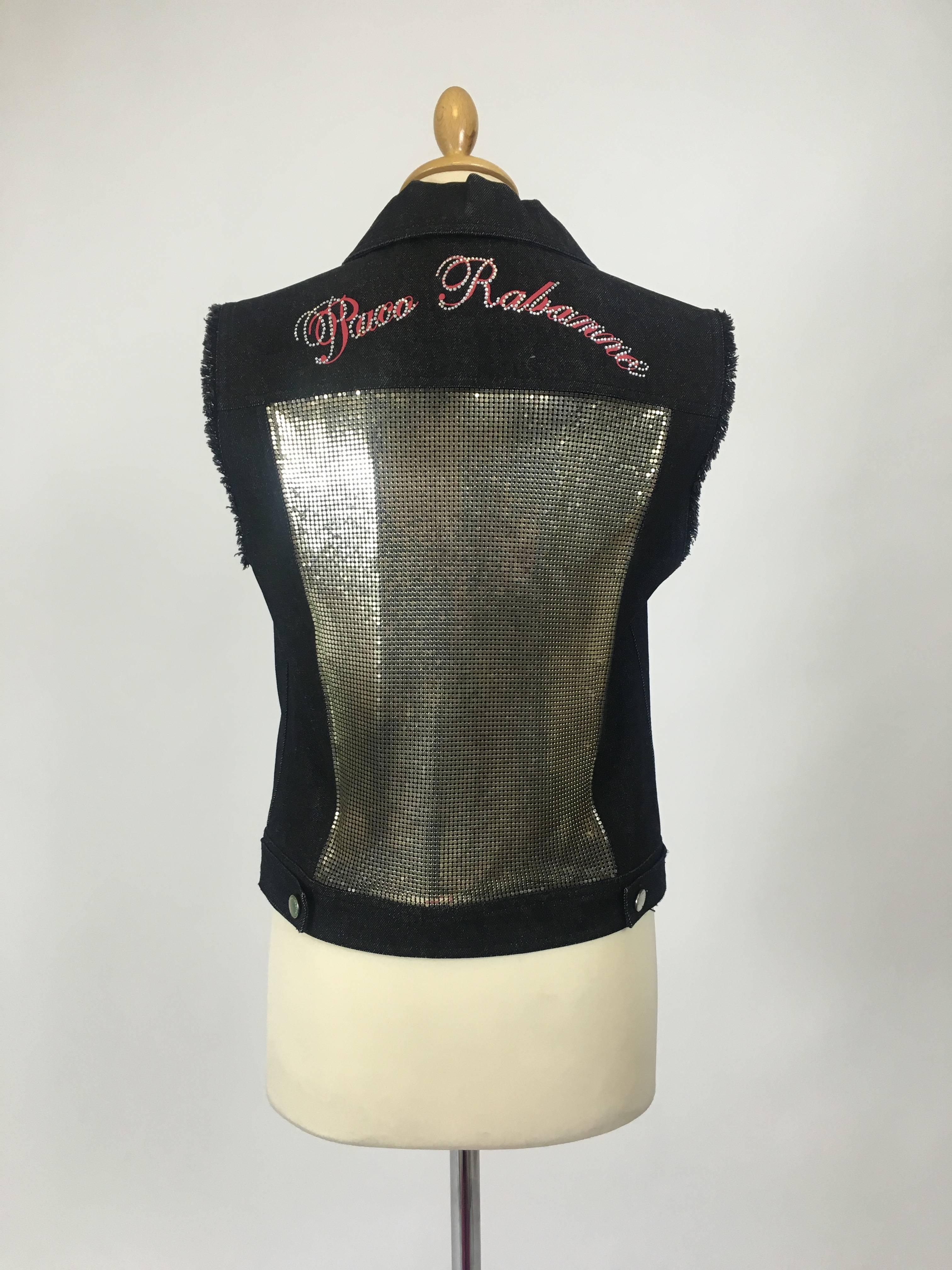 Women's PACO RABANNE Denim Black Vest Jacket w/Silver Mesh Insert For Sale