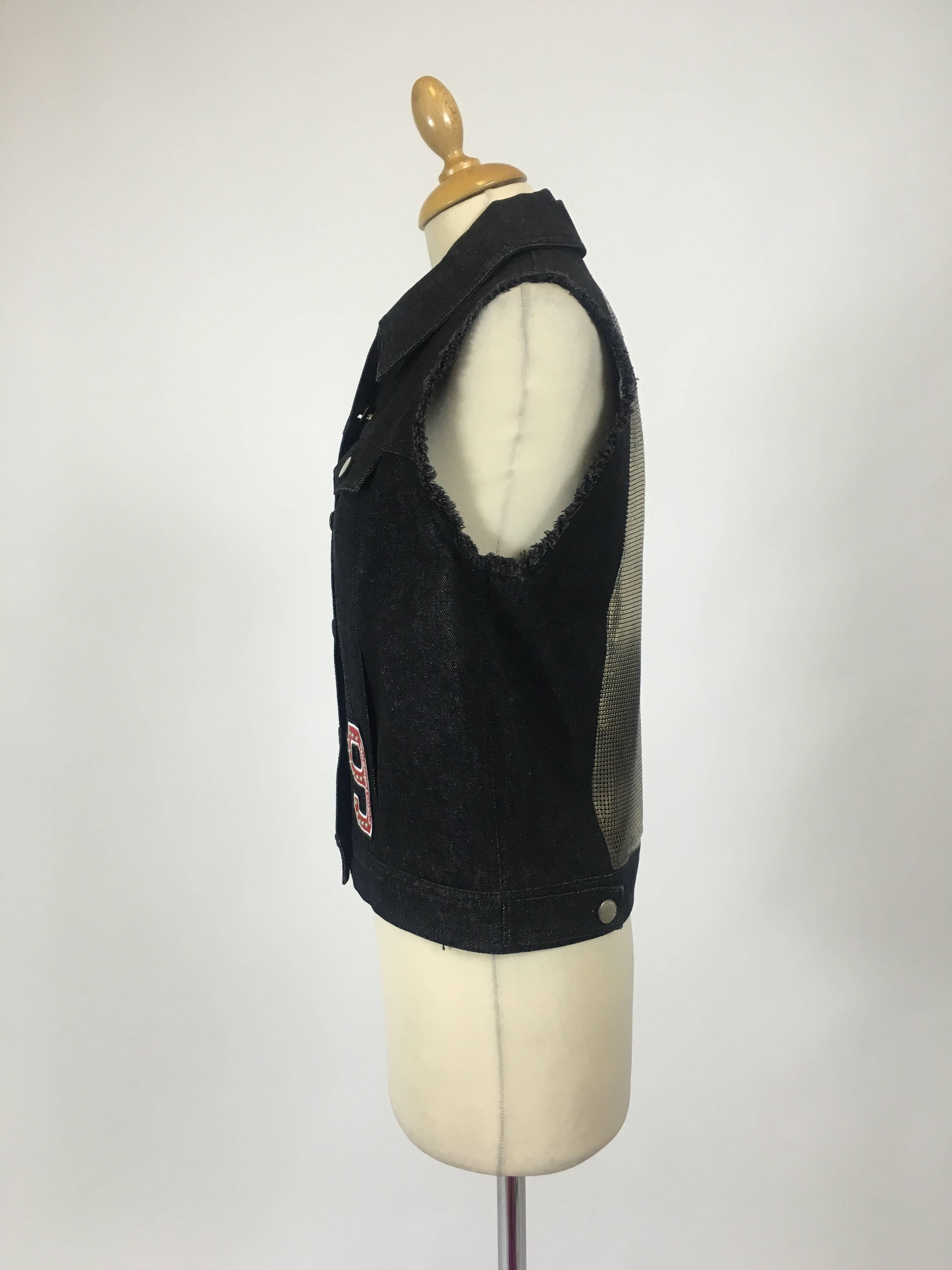 PACO RABANNE Denim Black Vest Jacket w/Silver Mesh Insert For Sale 2
