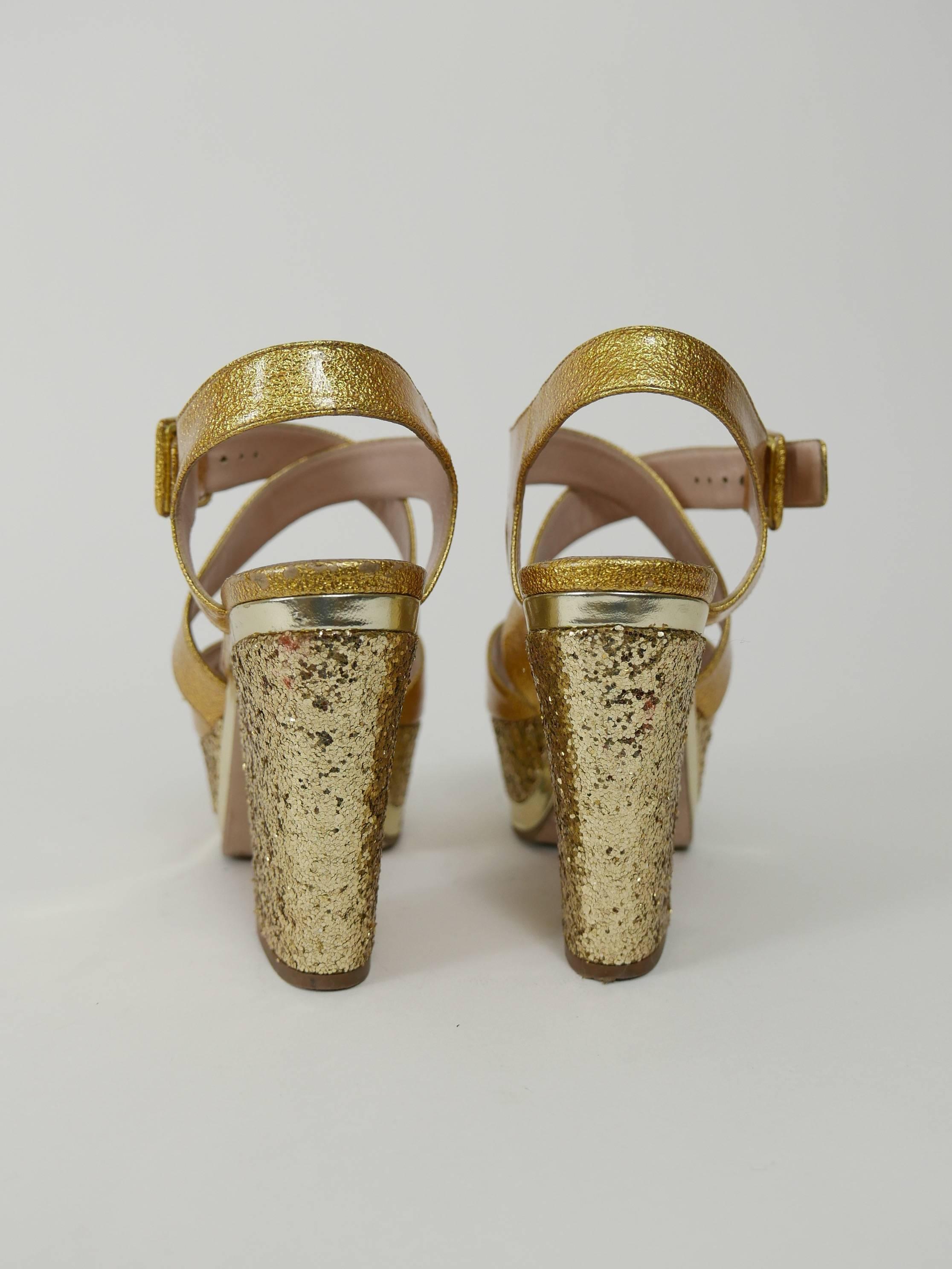 Brown MIU MIU Golden Leather and Glitter Platform Sandals 