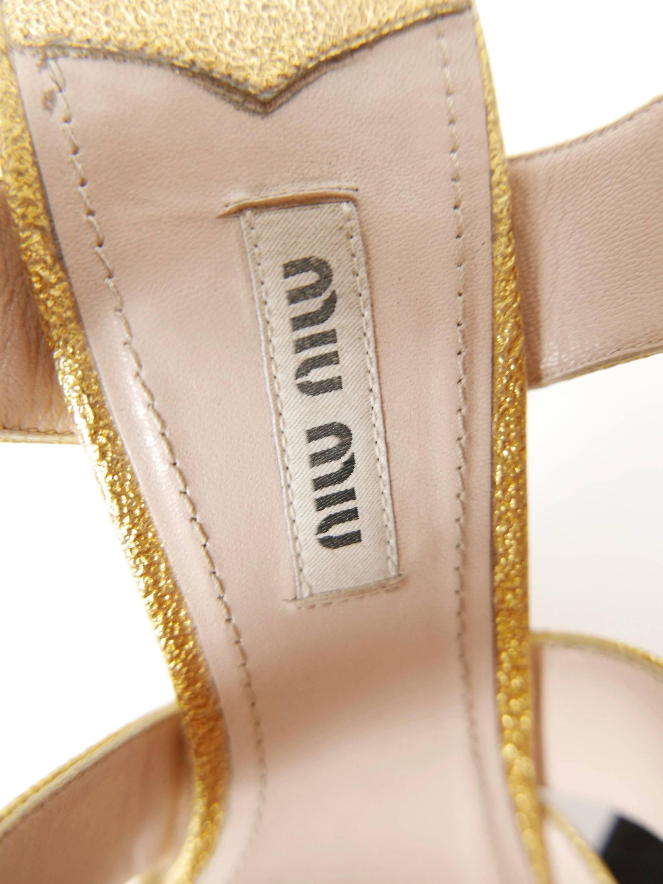 MIU MIU Golden Leather and Glitter Platform Sandals  1