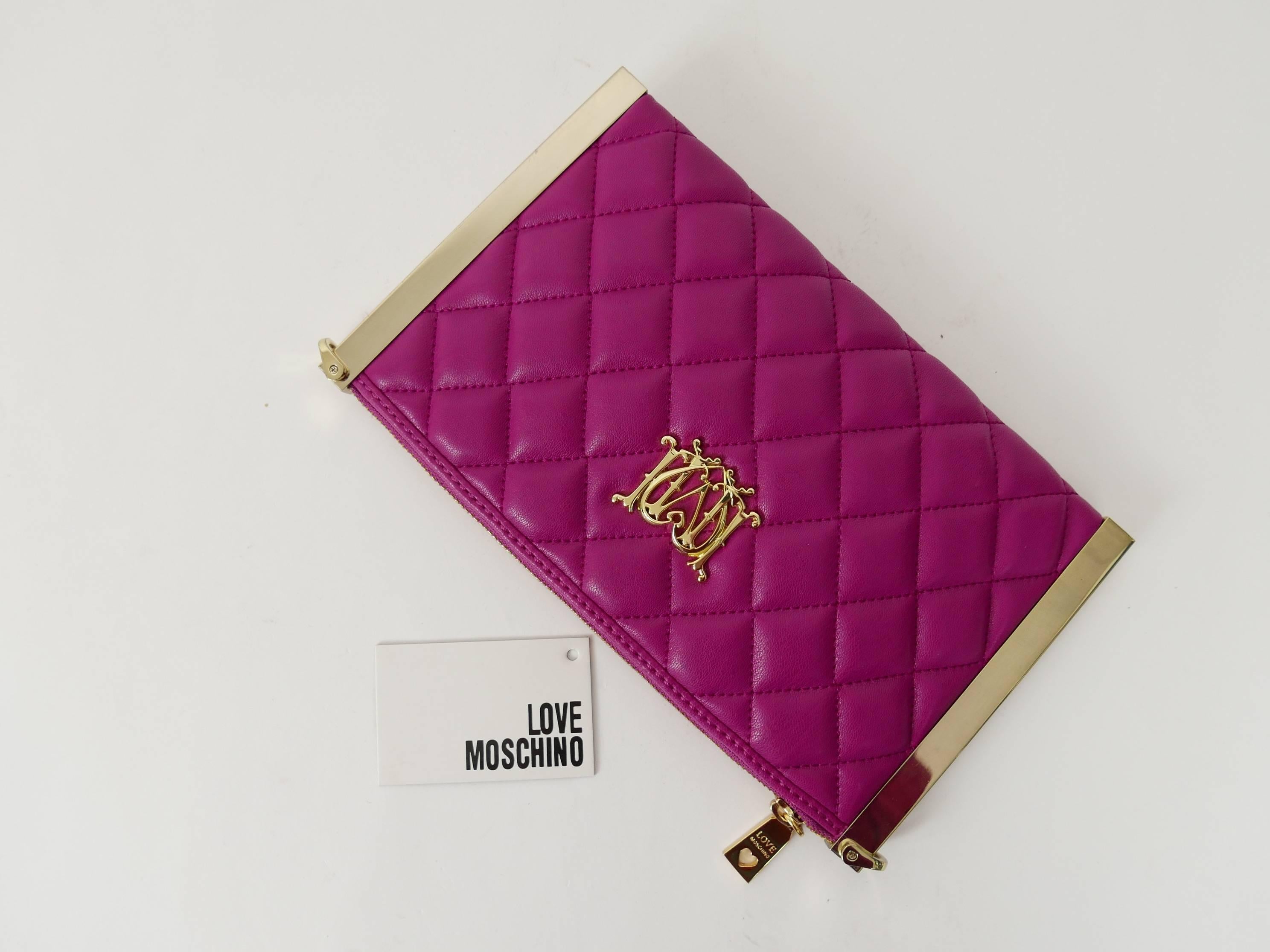 Purple LOVE MOSCHINO Matelasse Leather Clutch Cross Body Shoulder Bag