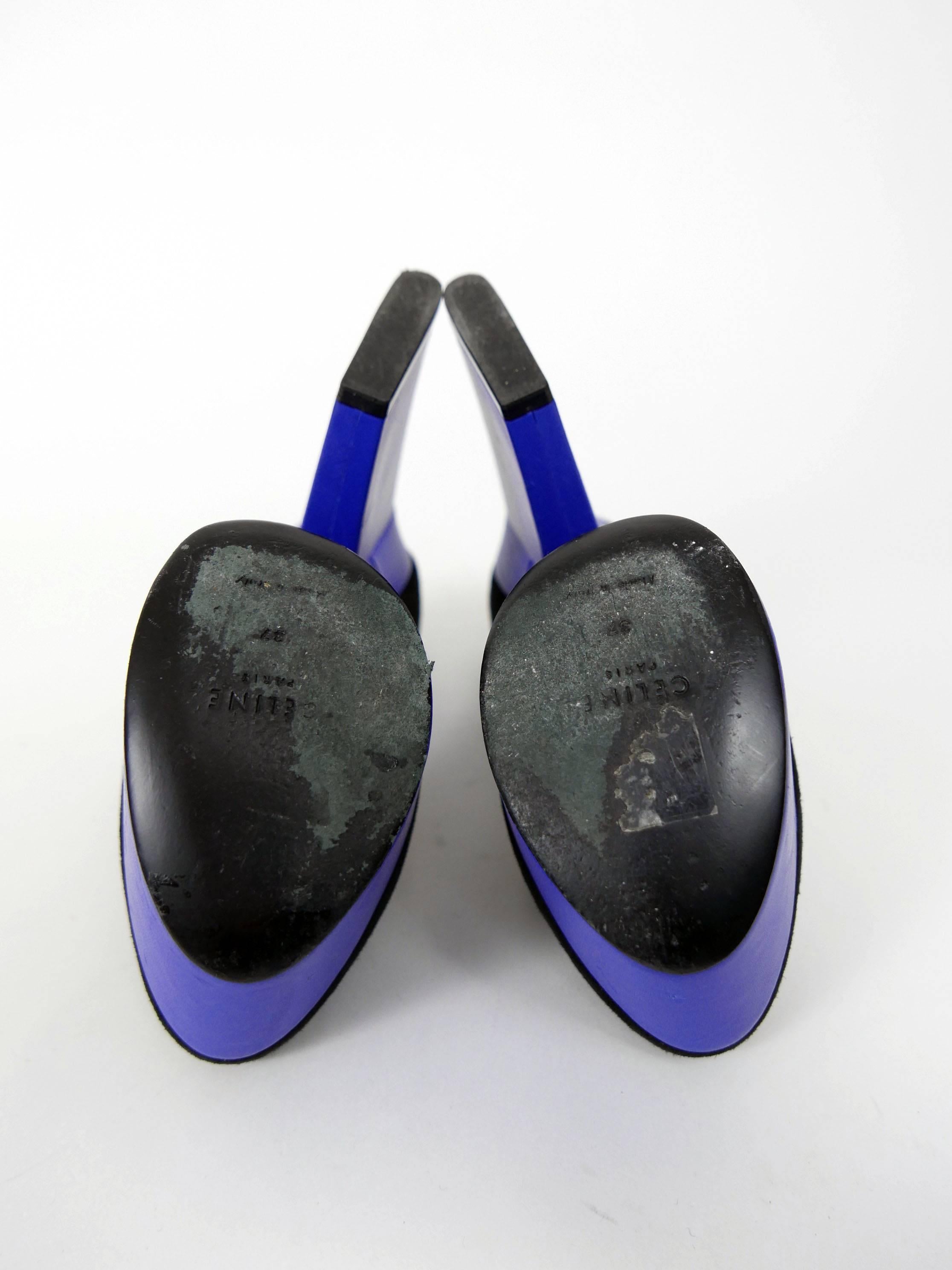 CELINE Black Suede and Blue Leather Platform Heels In Excellent Condition In Milan, Italy