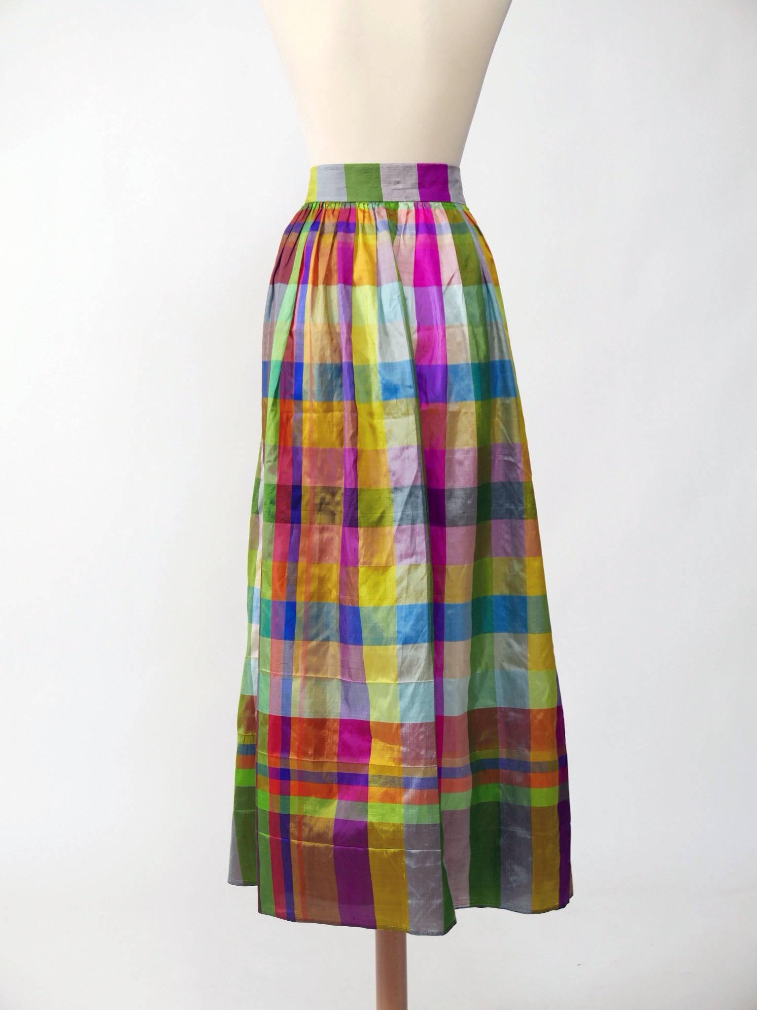 Brown 1980s Plaid Silk Pleateds Skirt