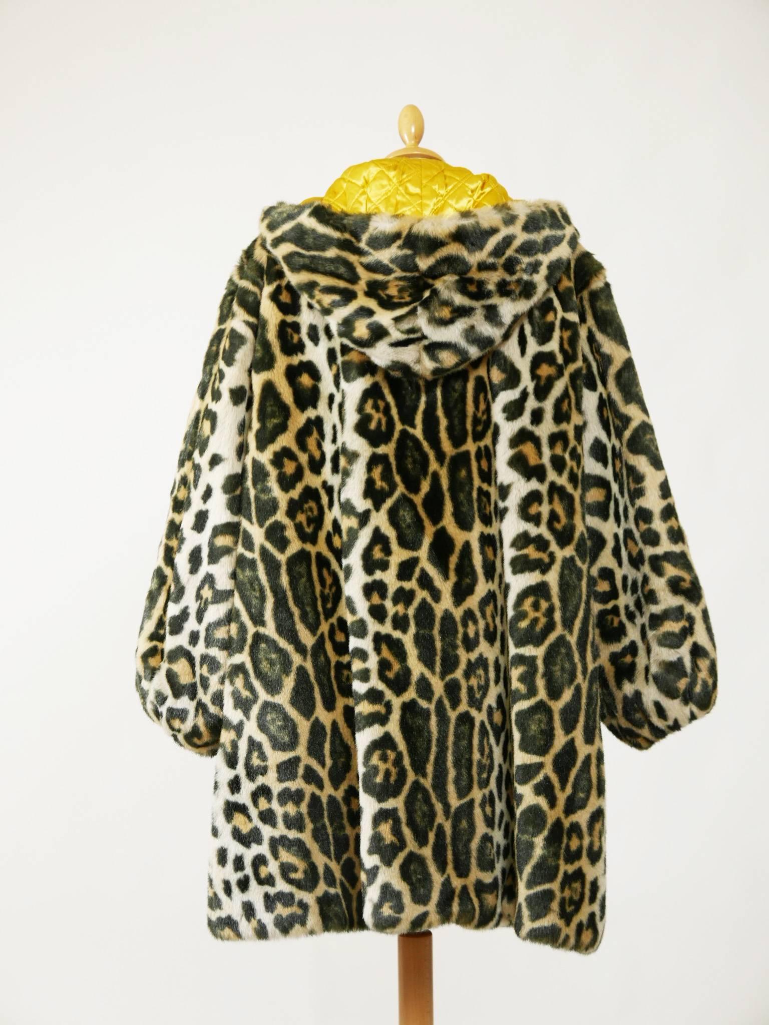 Black 1990s ESCADA Leopard Print Faux Fur Hooded Coat Jacket