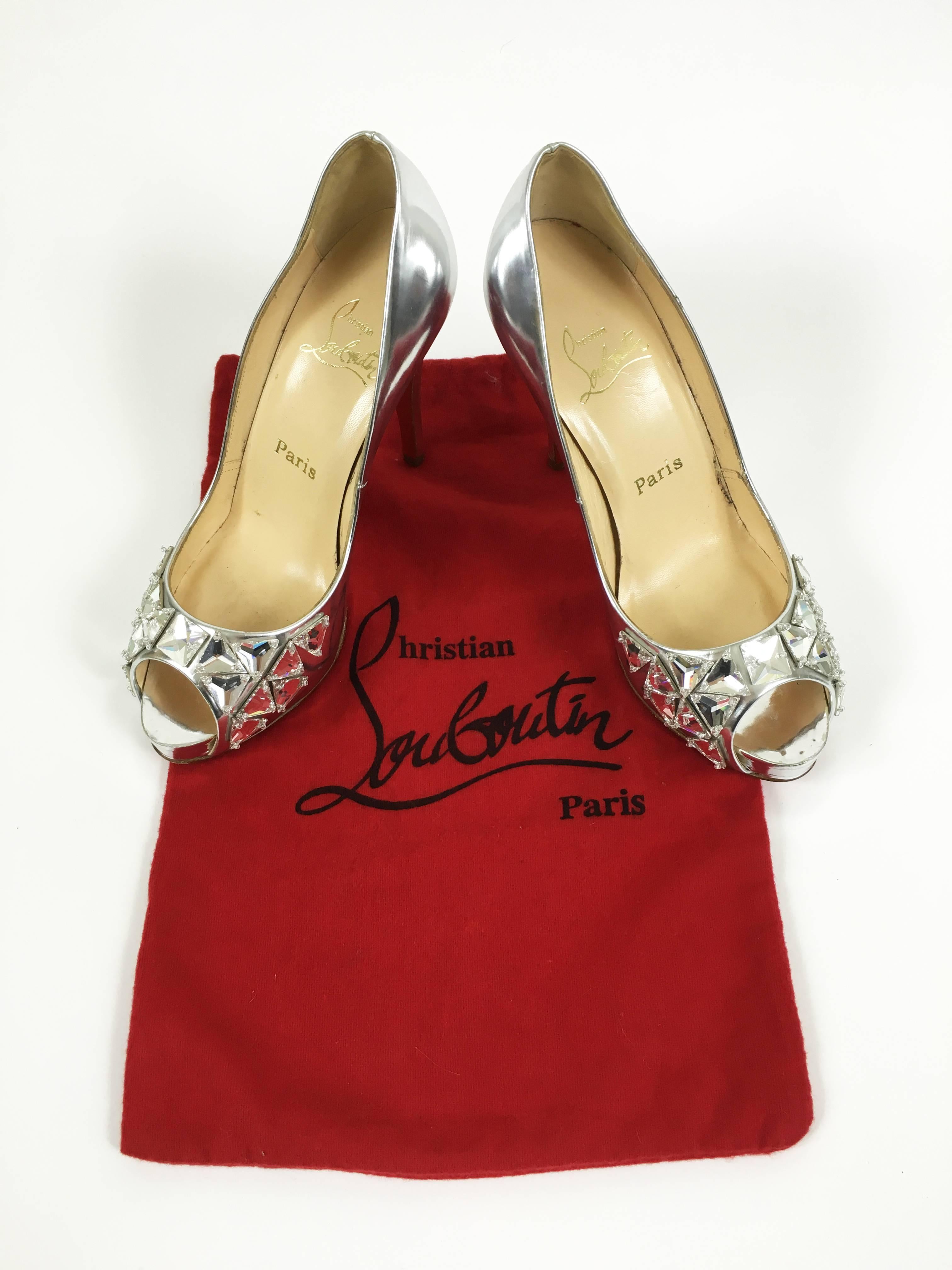 Women's CHRISTIAN LOUBOUTIN Silver Leather Rhinestones Peep Toe Pumps Shoes