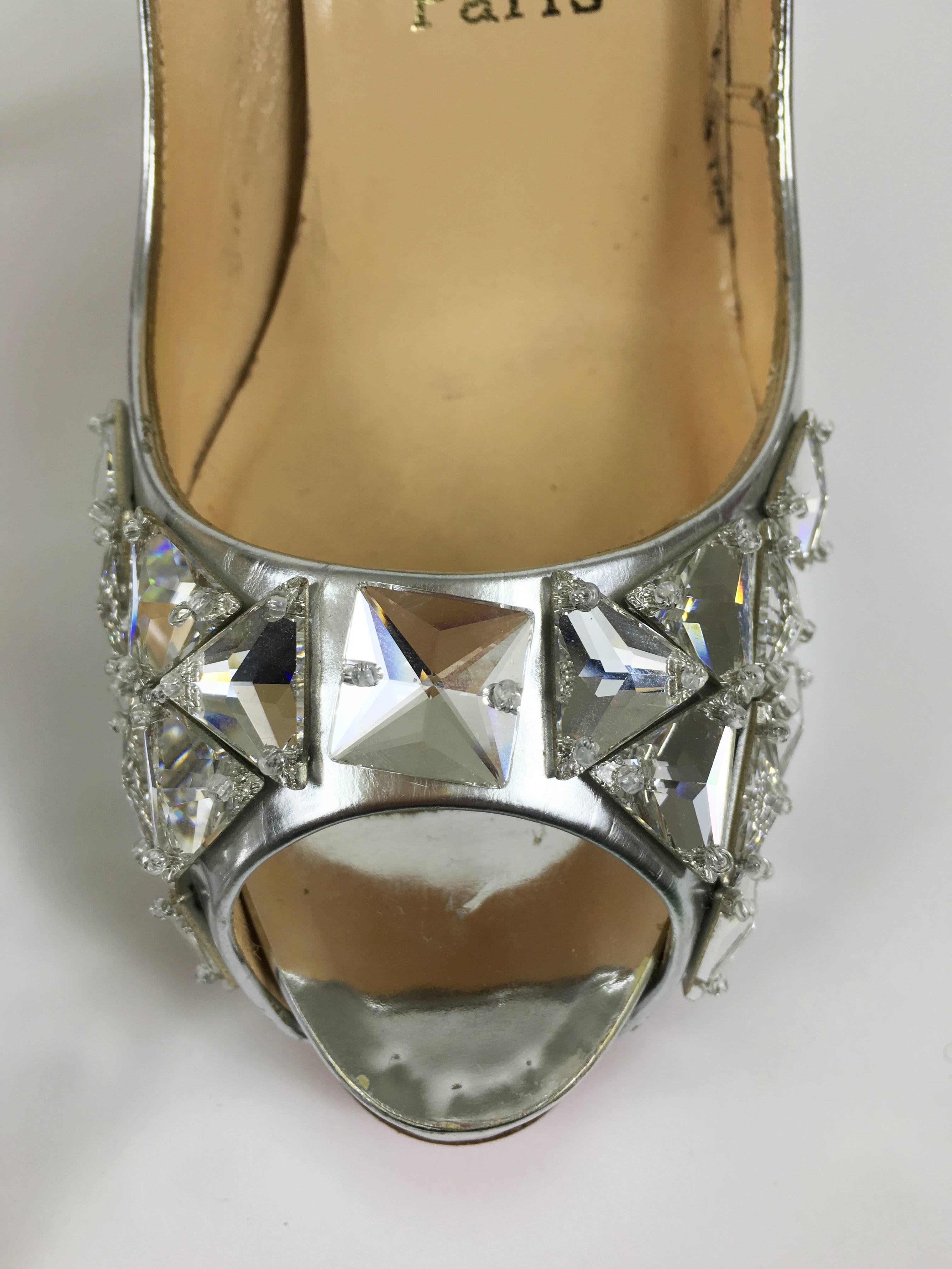 CHRISTIAN LOUBOUTIN Silver Leather Rhinestones Peep Toe Pumps Shoes 3