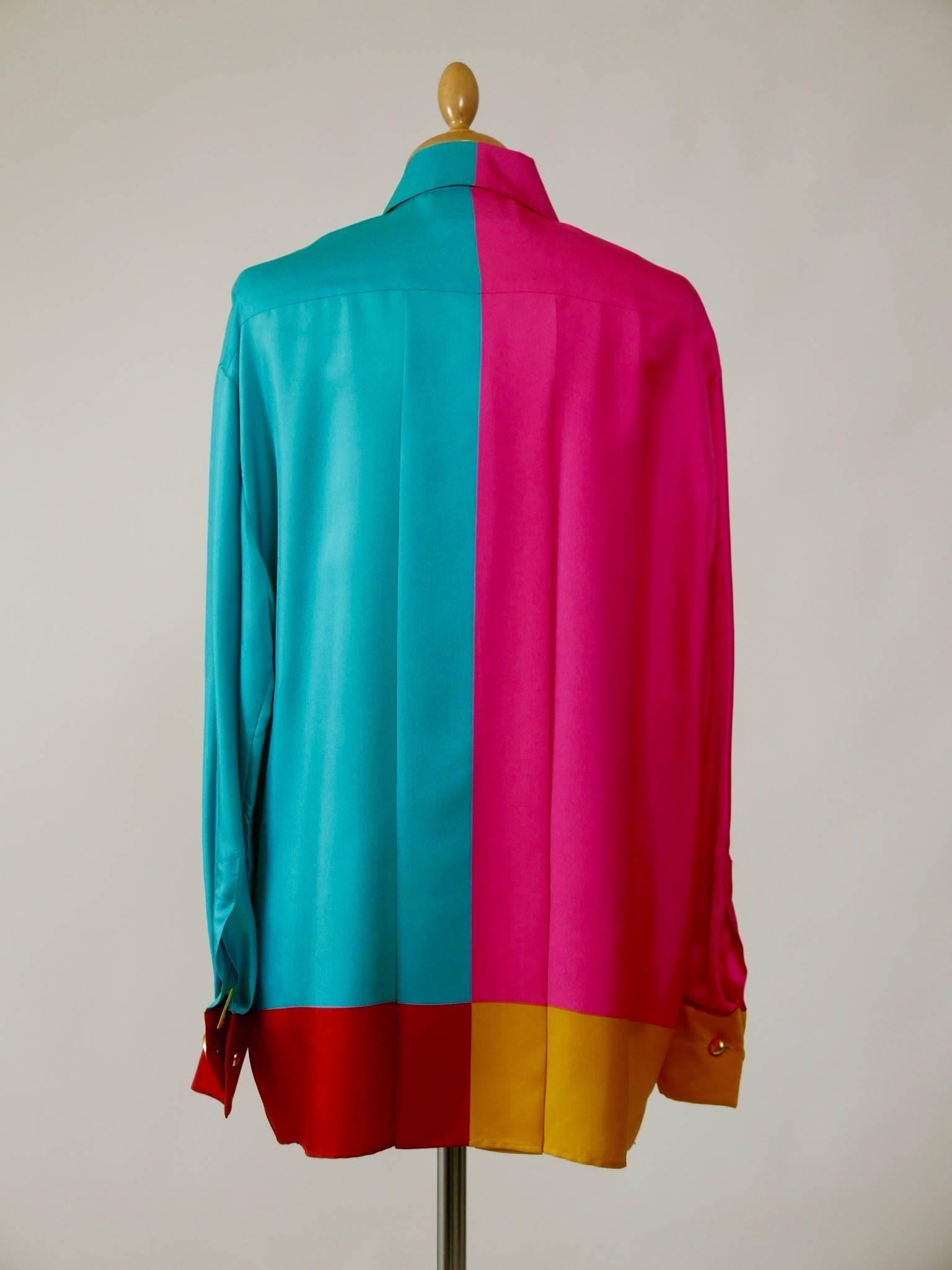 1990s GIANFRANCO FERRE' Oversize Panel Colors Silk Maxi Shirt In Excellent Condition In Milan, Italy