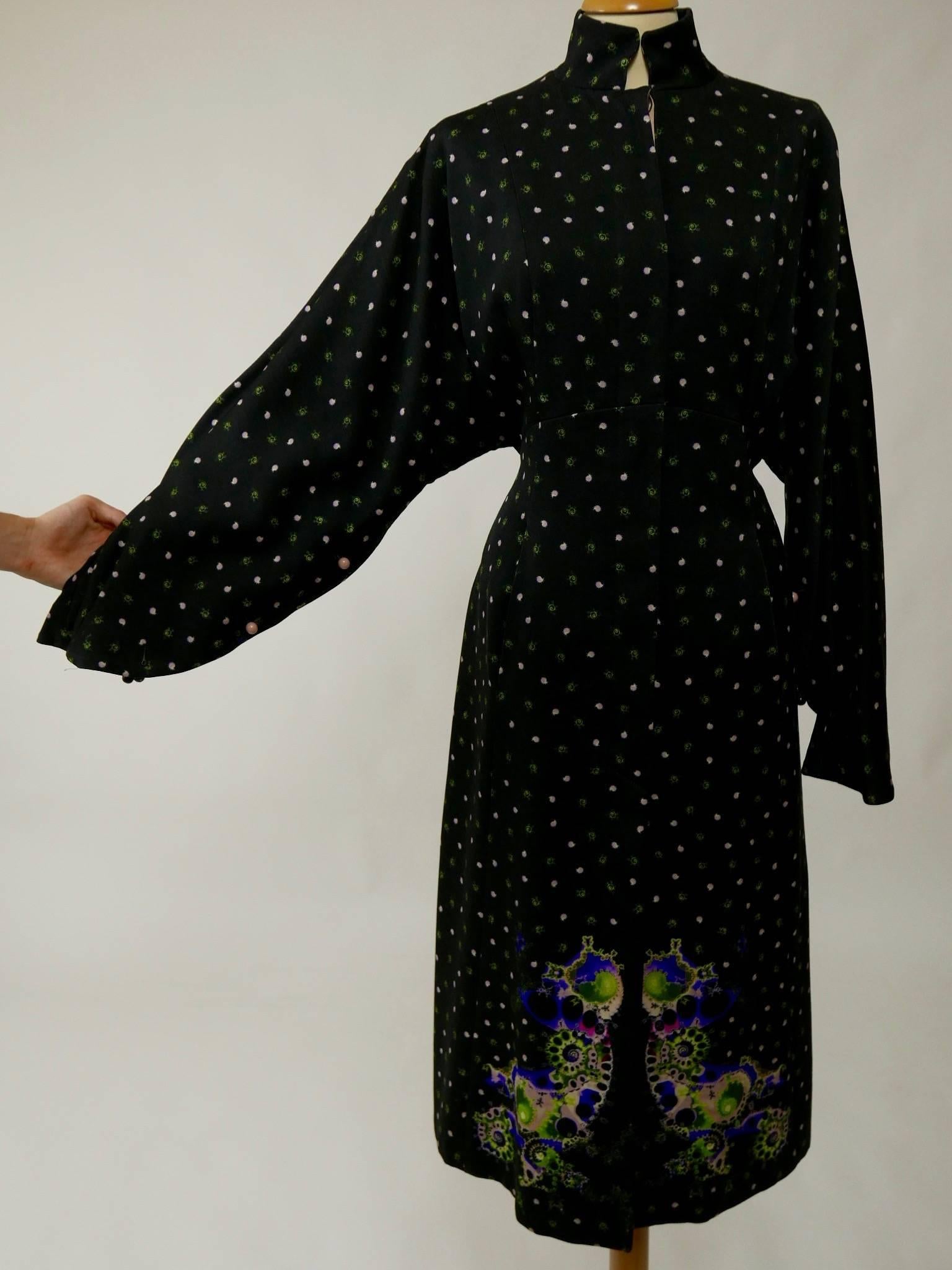 1970s LANCETTI Black Printed Kimono Style Overcoat 3