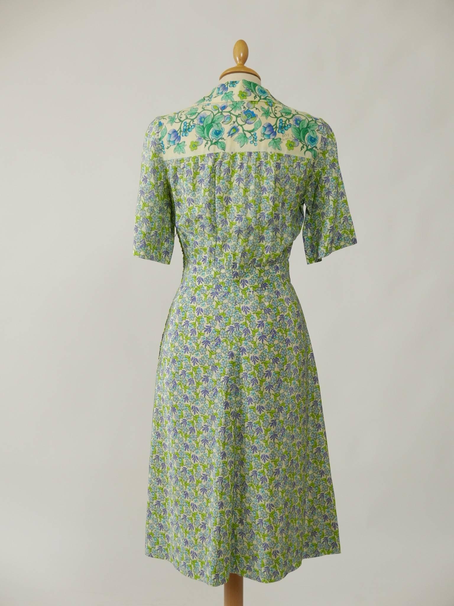 Gray 1970s OLEG CASSINI Green Floral Print Dress