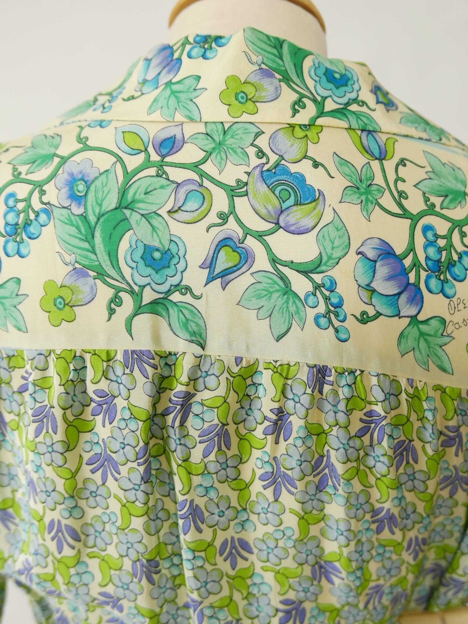 1970s OLEG CASSINI Green Floral Print Dress 1