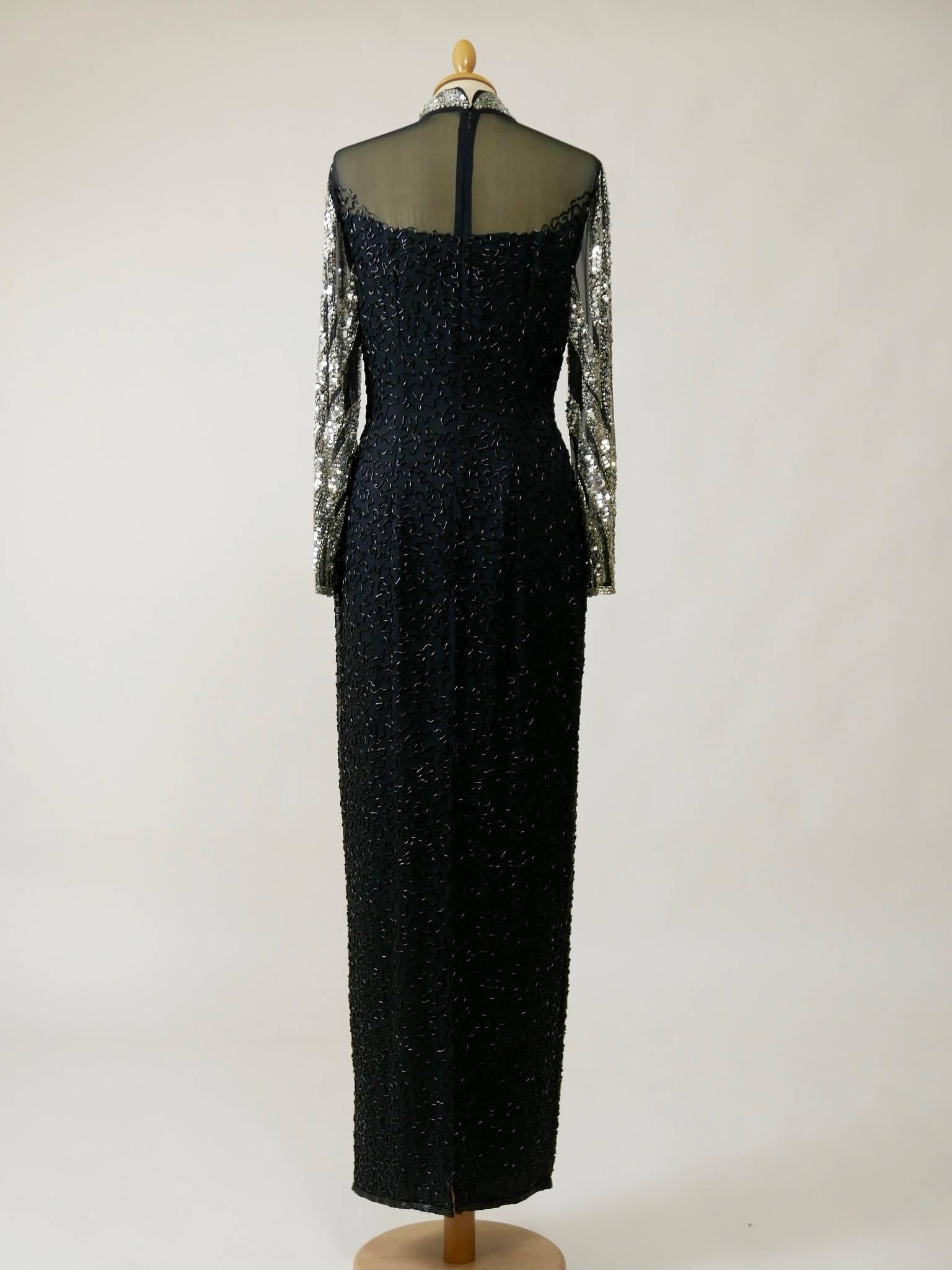 1980s KATHRYN CONOVER Black Sequins and Beadeds Embroidered Long Evening Dress In Excellent Condition In Milan, Italy