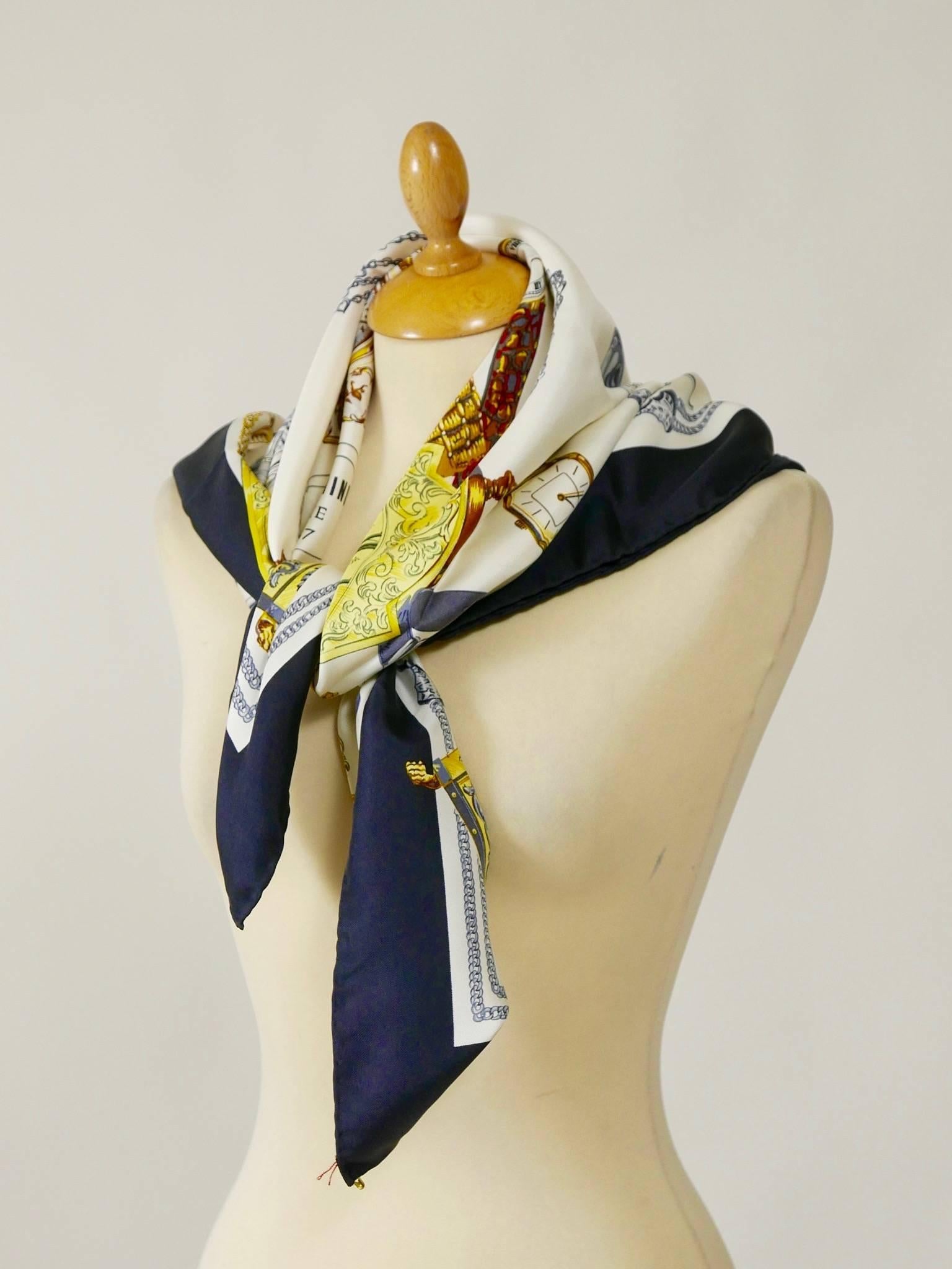 This lovely Moschino 1987 scarf is 100% silk and has watch and wall clock print.

Very good Vintage condition

Label: Albisetti Como - Made in Italy

MEASUREMENTS:
34 x 34 inch
