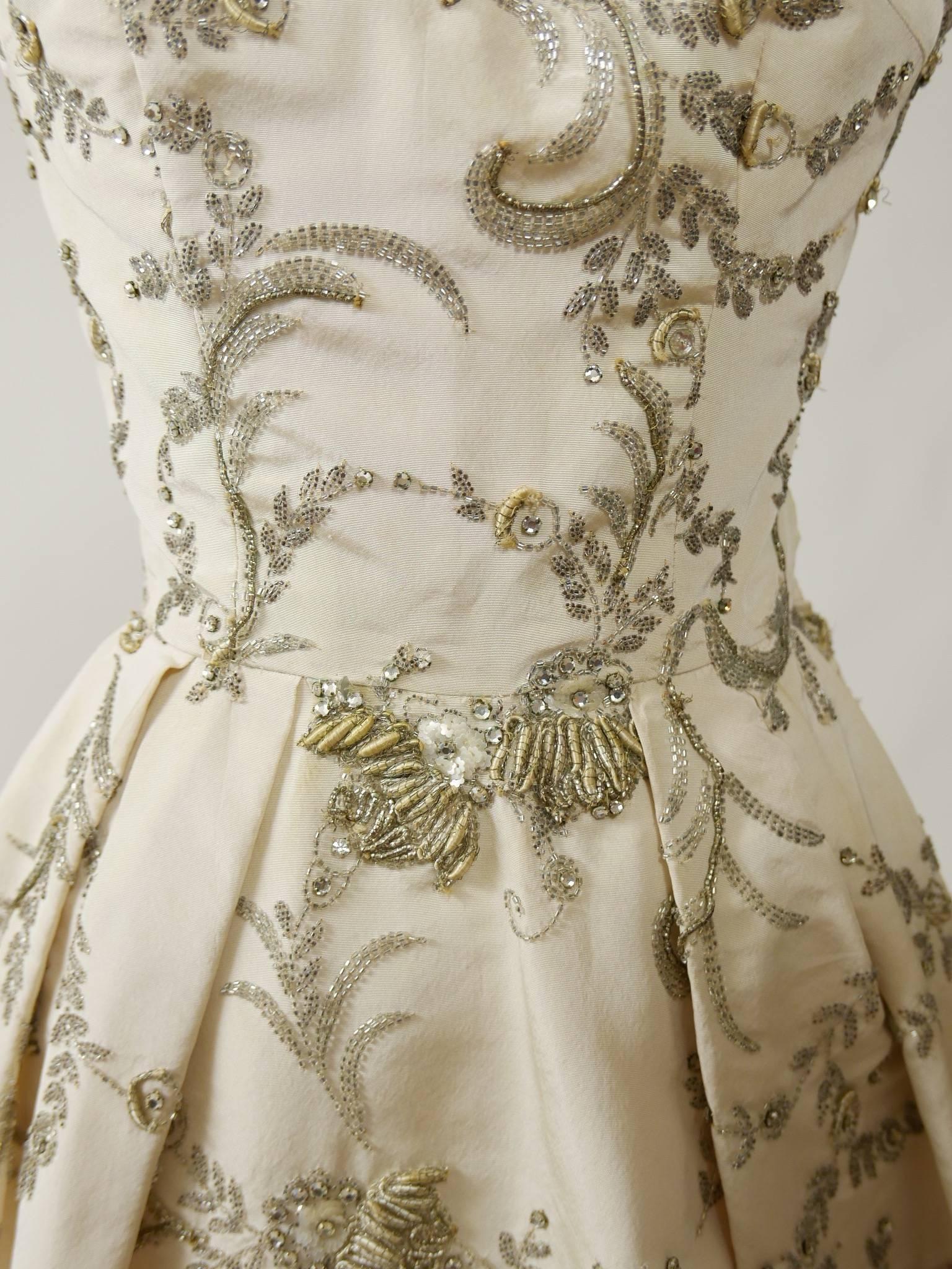 1950s White Ivory Satin Embroidered Cocktail Dress 2