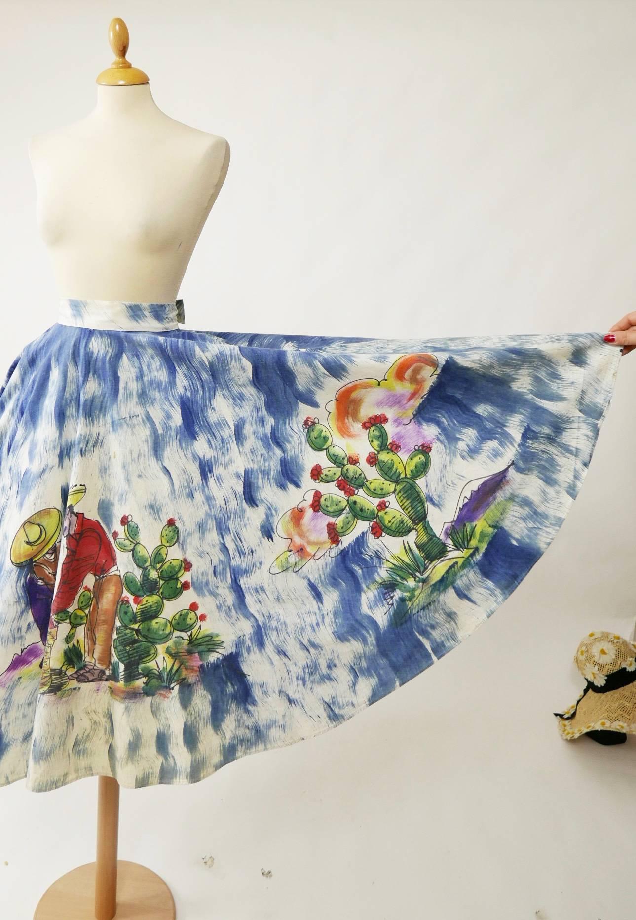 1950s Vintage Handpainted Mexican Souvenir Full Circle Skirt In Good Condition In Milan, Italy