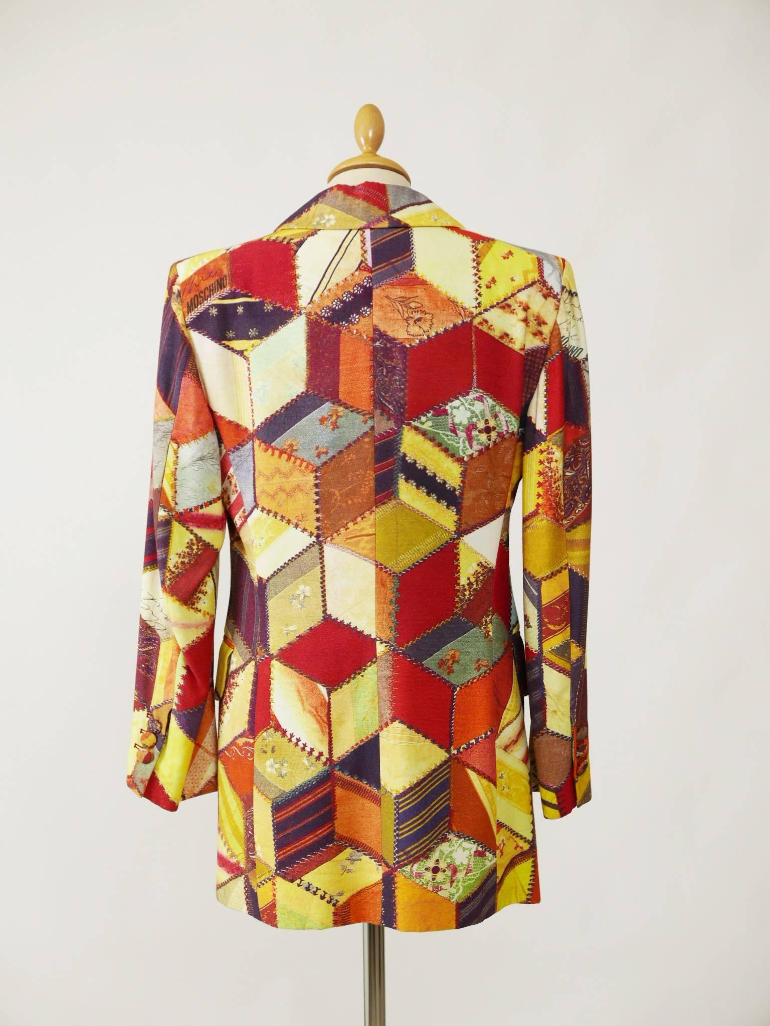 Brown 1990s MOSCHINO Cheap and Chic Patchwork Print Long Blazer Jacket