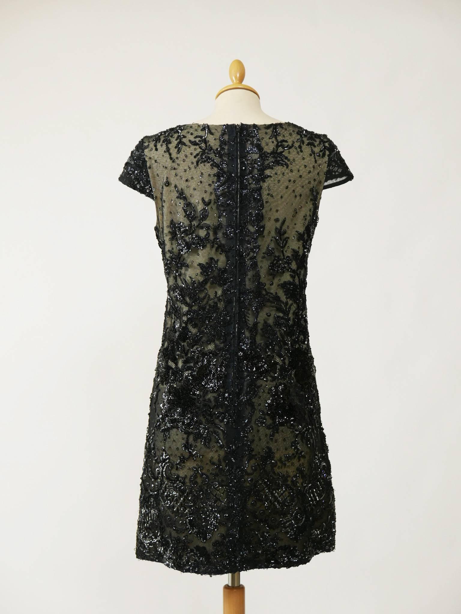 1960s Pirovano Italian Couture Black Sequins Embroidered Cocktail Mod Dress  In Good Condition In Milan, Italy
