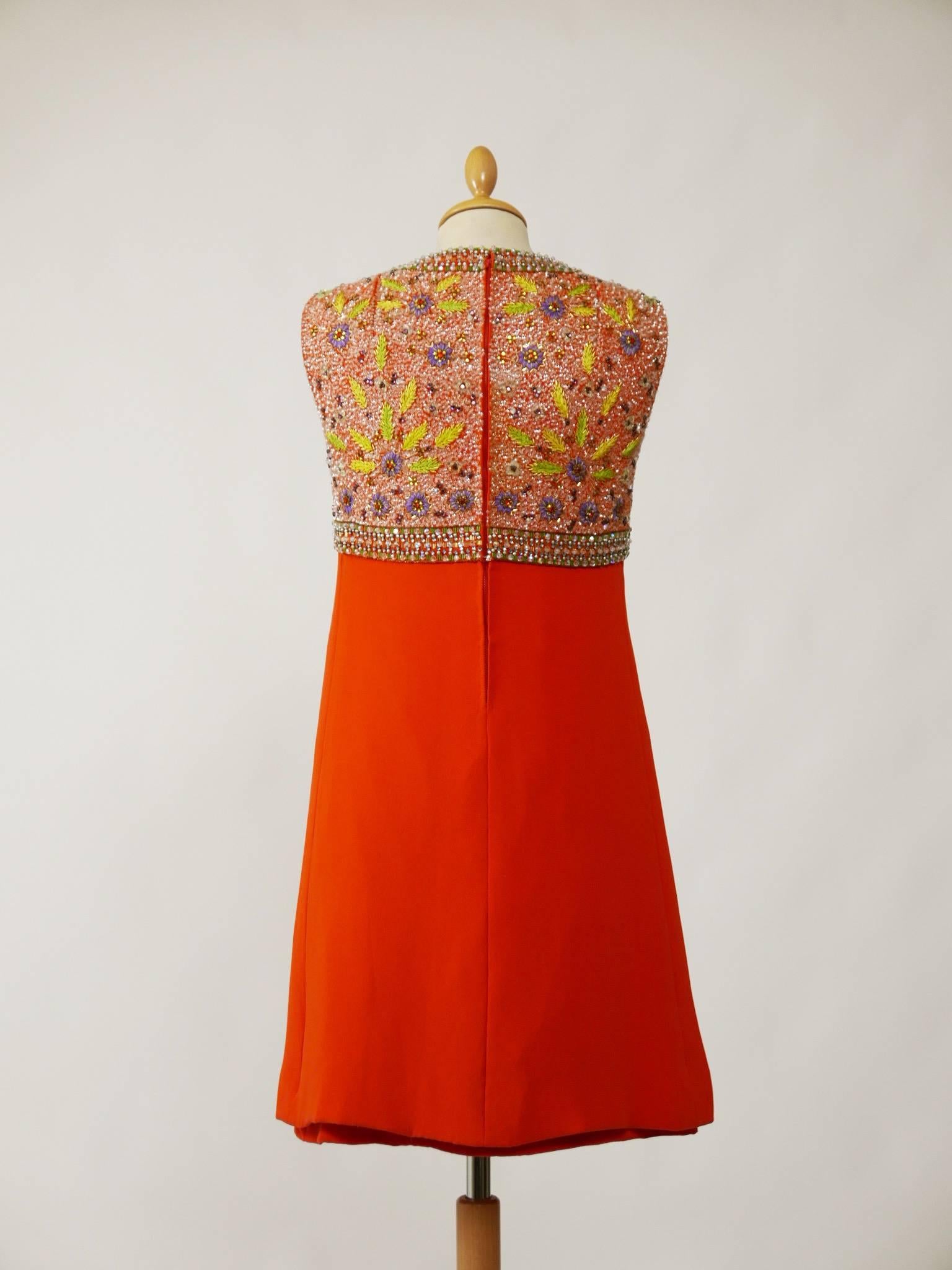 Red 1960s Italian Couture Orange Embroidered two Pc Cocktail Mod Mini Dress 