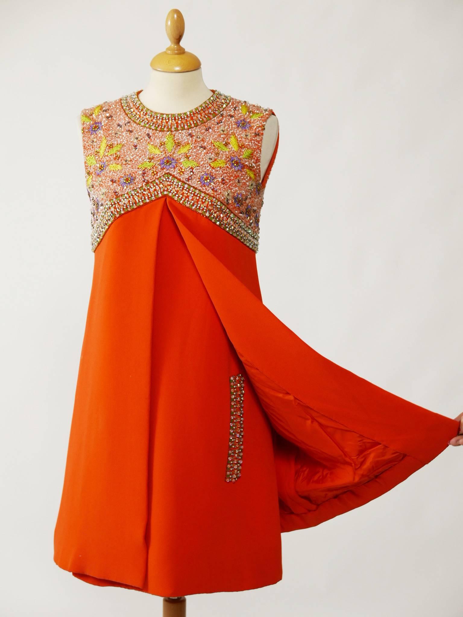 Women's 1960s Italian Couture Orange Embroidered two Pc Cocktail Mod Mini Dress 
