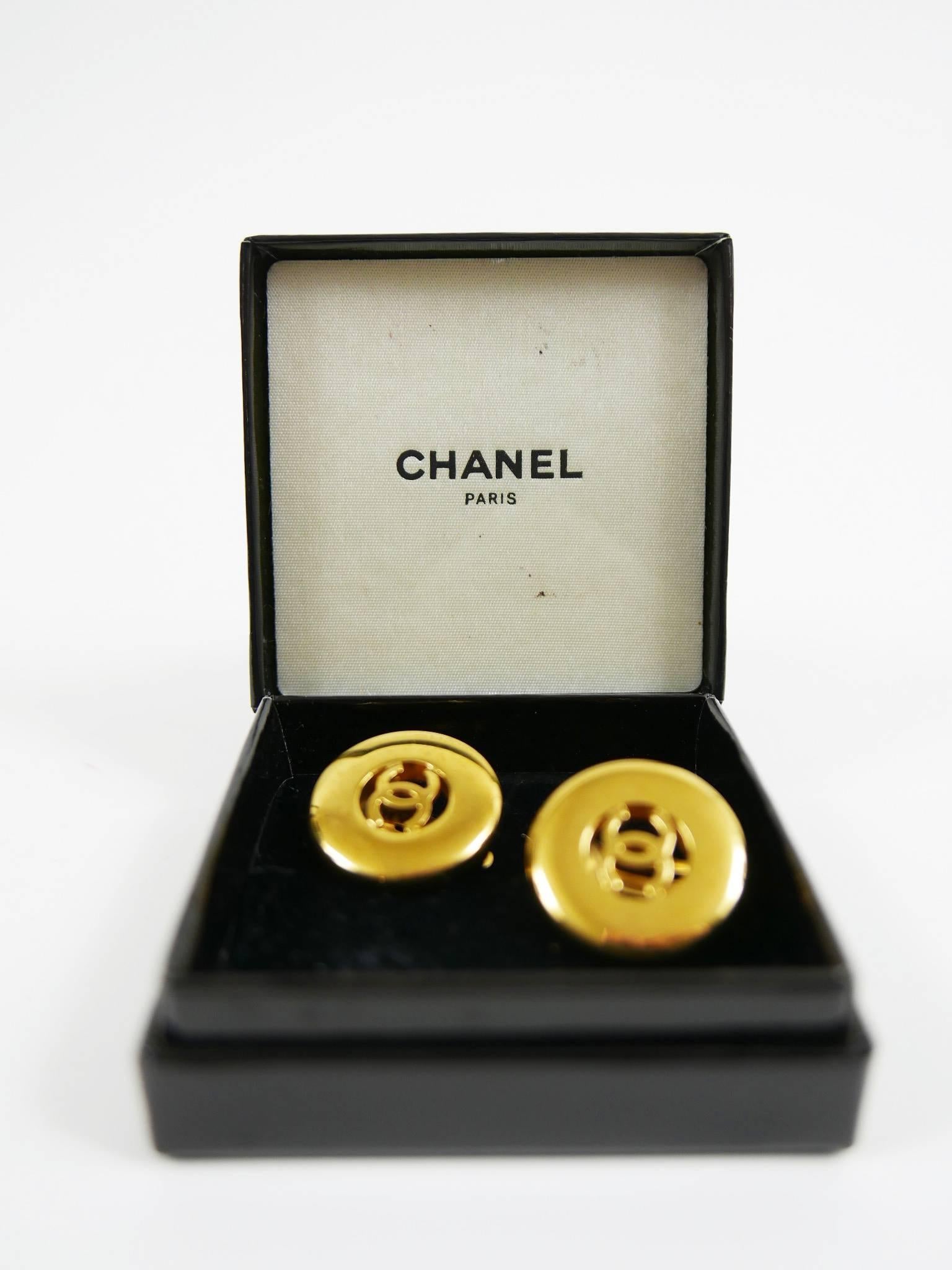 CHANEL Gold Tone CC Logo Clip on Earrings 1