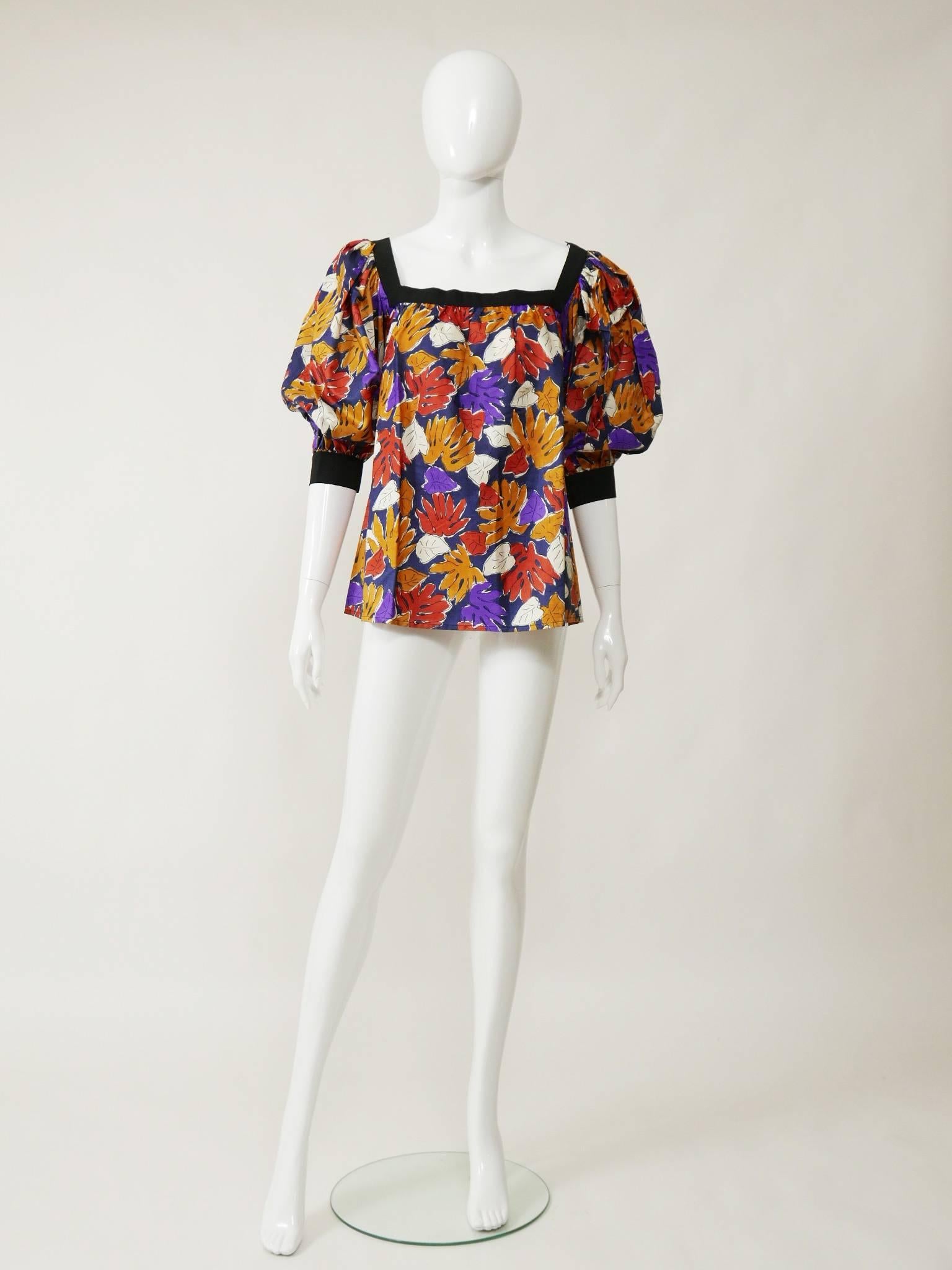 1980s SAINT LAURENT Rive Gauche Floral Print Puffed Sleeves Blouse  In Excellent Condition In Milan, Italy