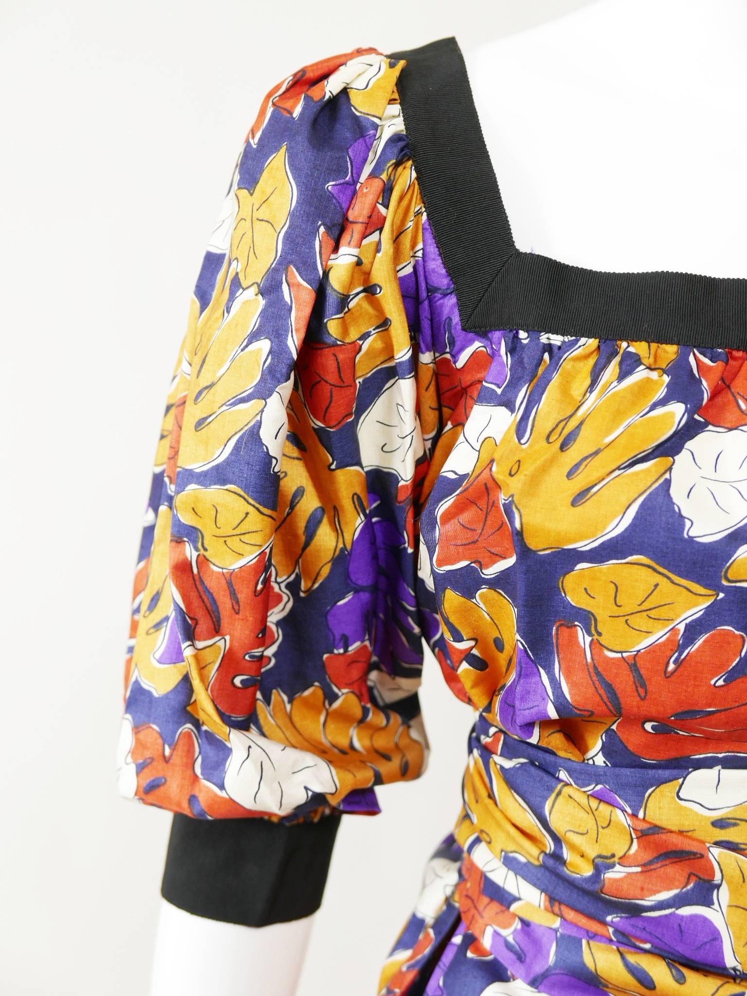 Women's 1980s SAINT LAURENT Rive Gauche Floral Print Puffed Sleeves Blouse 