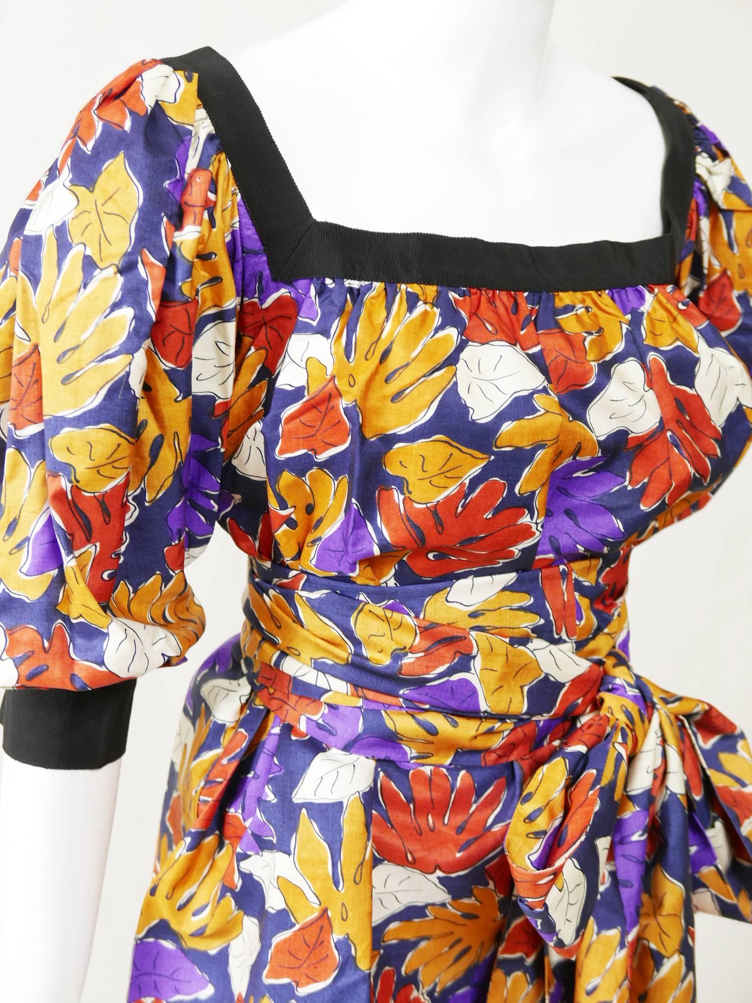 1980s SAINT LAURENT Rive Gauche Floral Print Puffed Sleeves Blouse  1