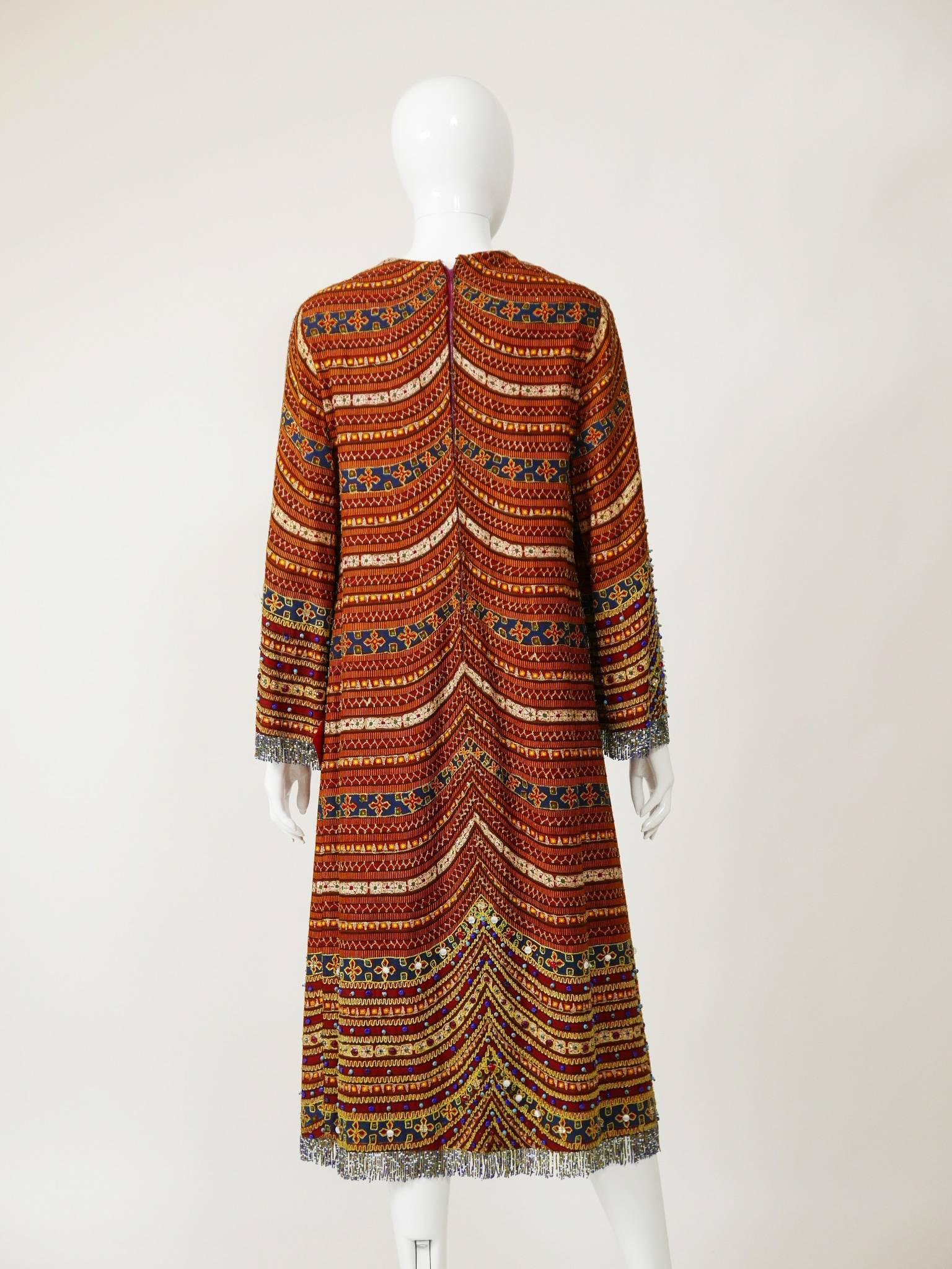 Women's 1970s Pirovano Italian Couture Embroidered Beadeds Dress