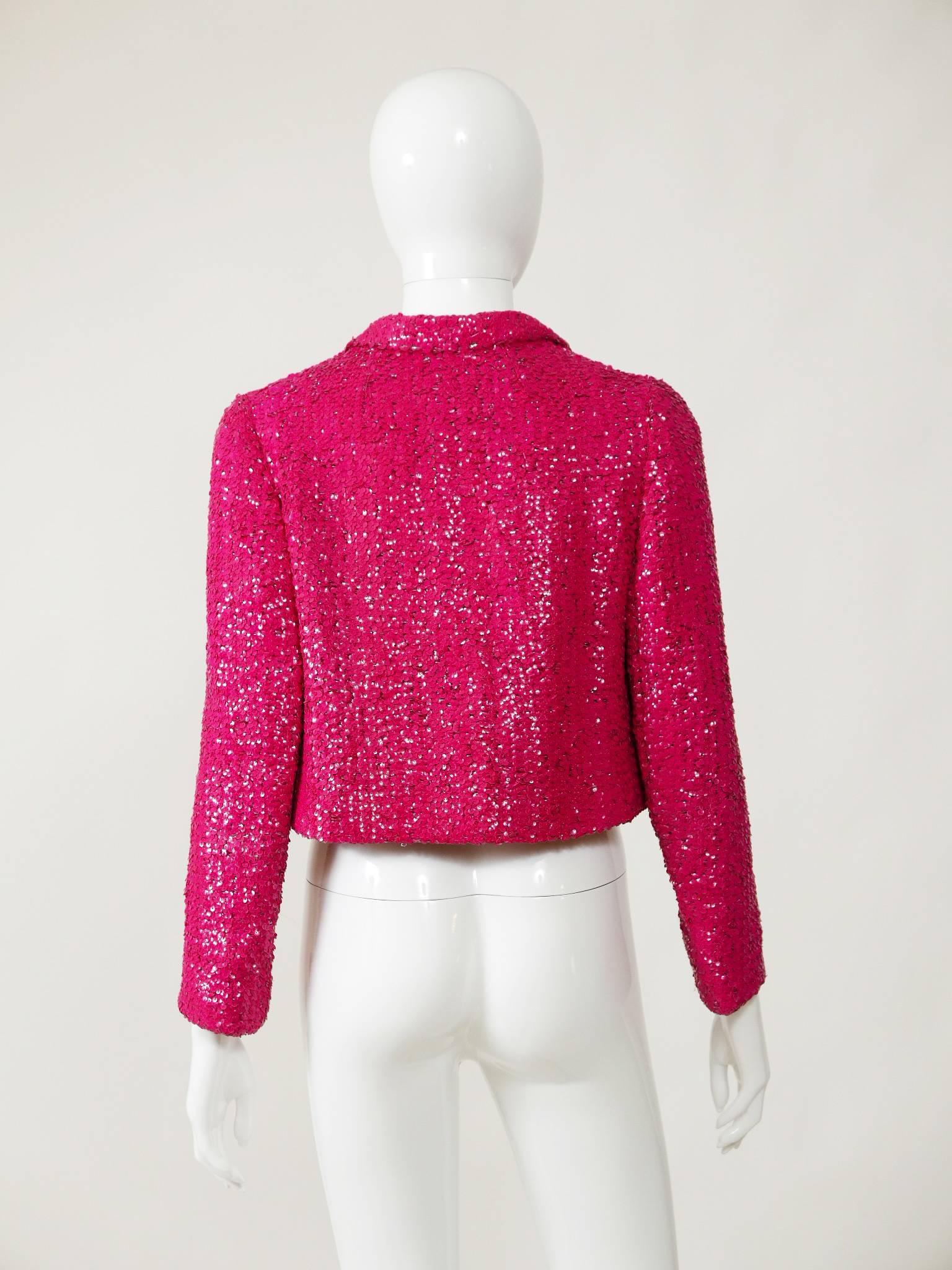 1960s CURIEL Italian Couture Shocking Pink Sequins Bolero Jacket In Good Condition In Milan, Italy