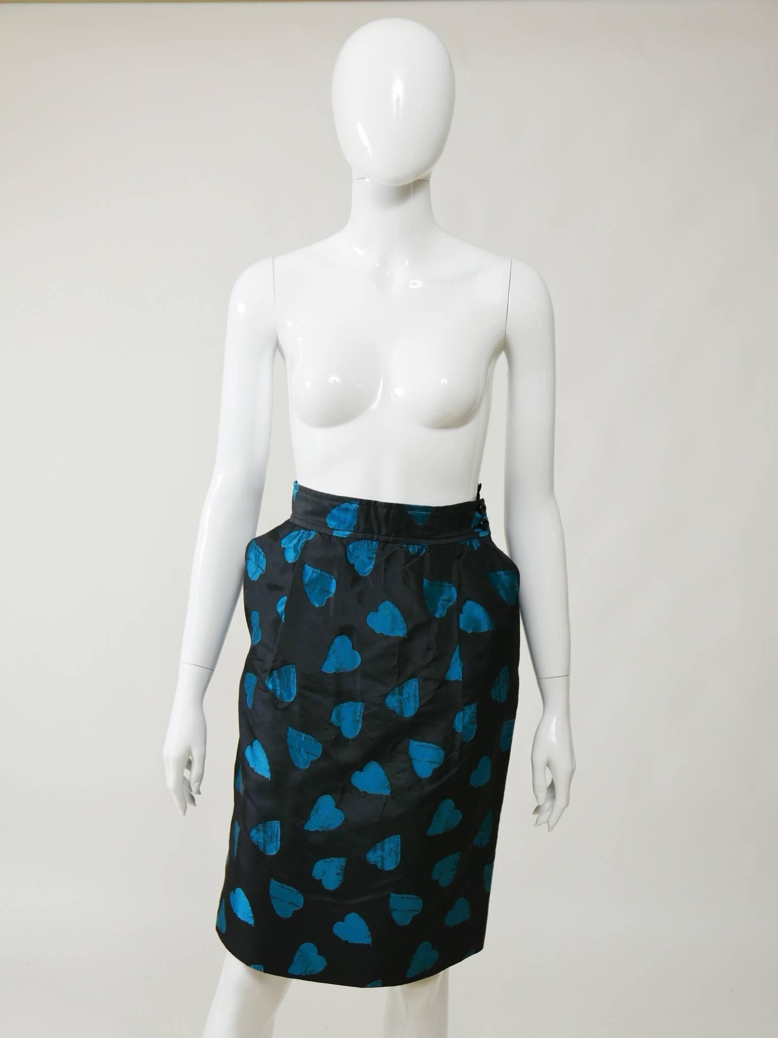 Women's 1980s UNGARO Black Taffeta Hearts Print 2 pc Suit Dress