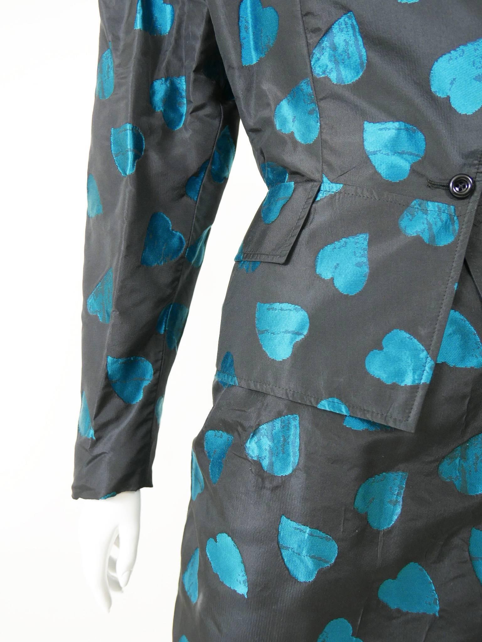 1980s UNGARO Black Taffeta Hearts Print 2 pc Suit Dress 1