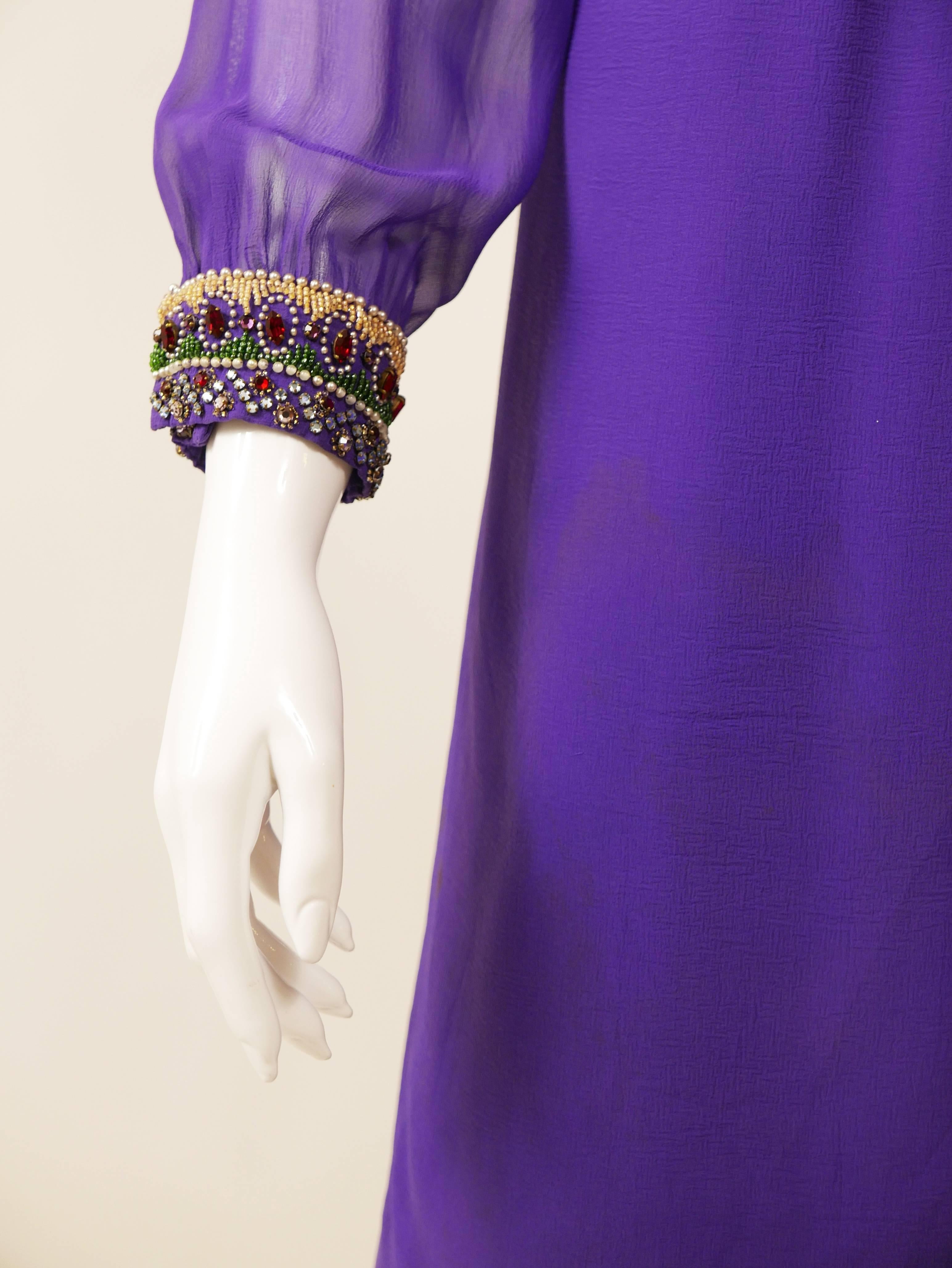 Women's 1970s Purple Embroidery Silk Crepe Mini Dress