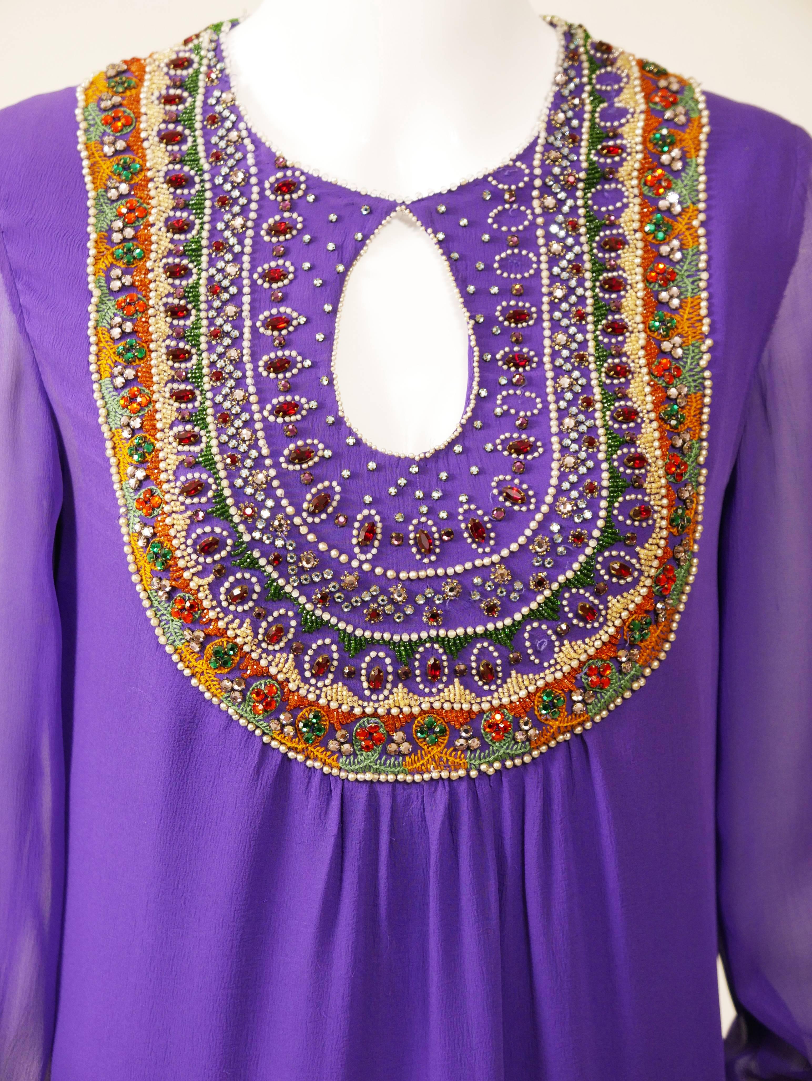 1970s Purple Embroidery Silk Crepe Mini Dress 1