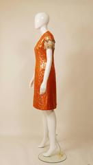 1960s Italian Couture Orange Embroidered Cocktail Mod Mini Dress
