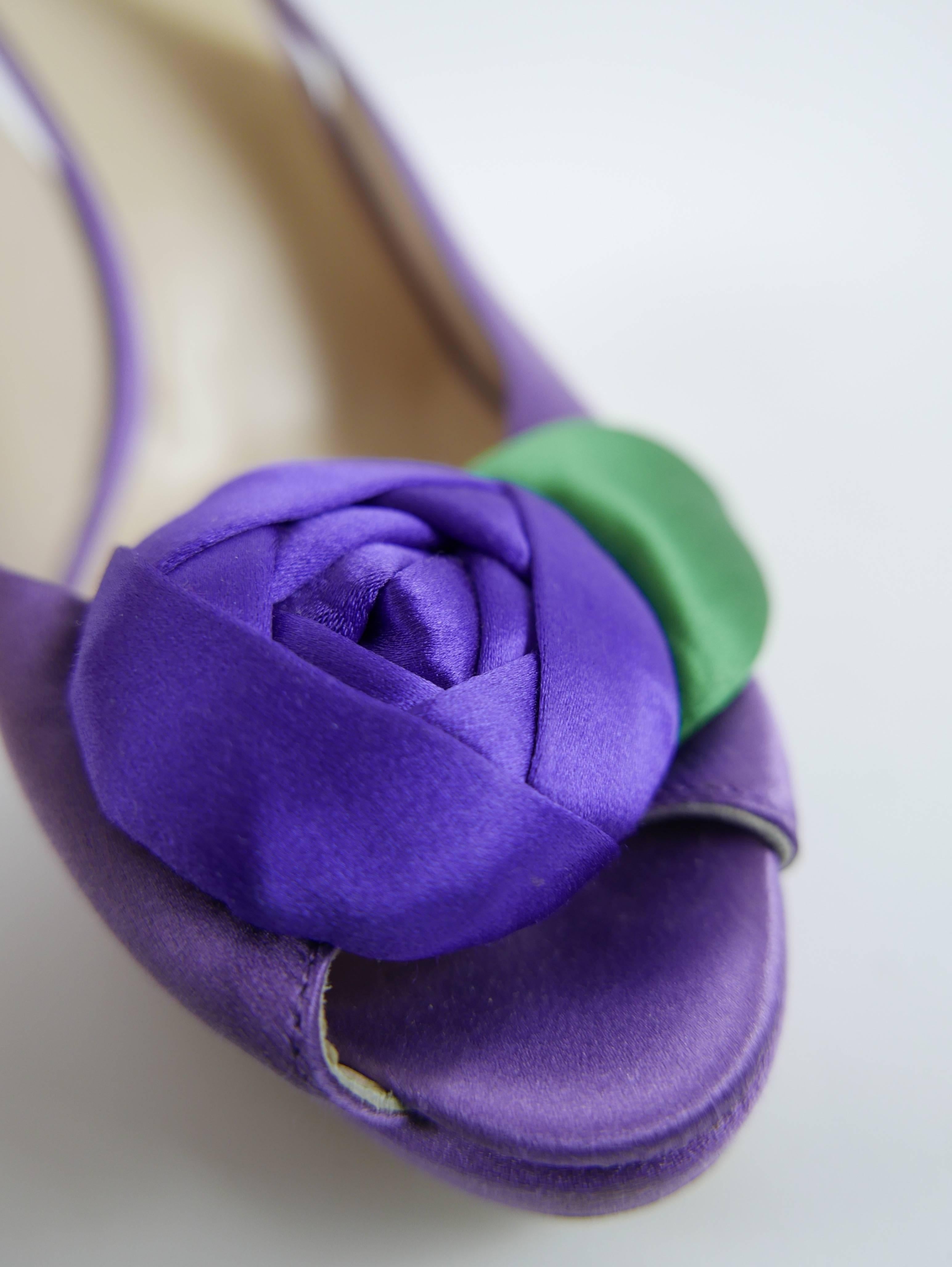 Gray PRADA Purple Satin Rose Peep Toe Pumps Stiletto Shoes For Sale