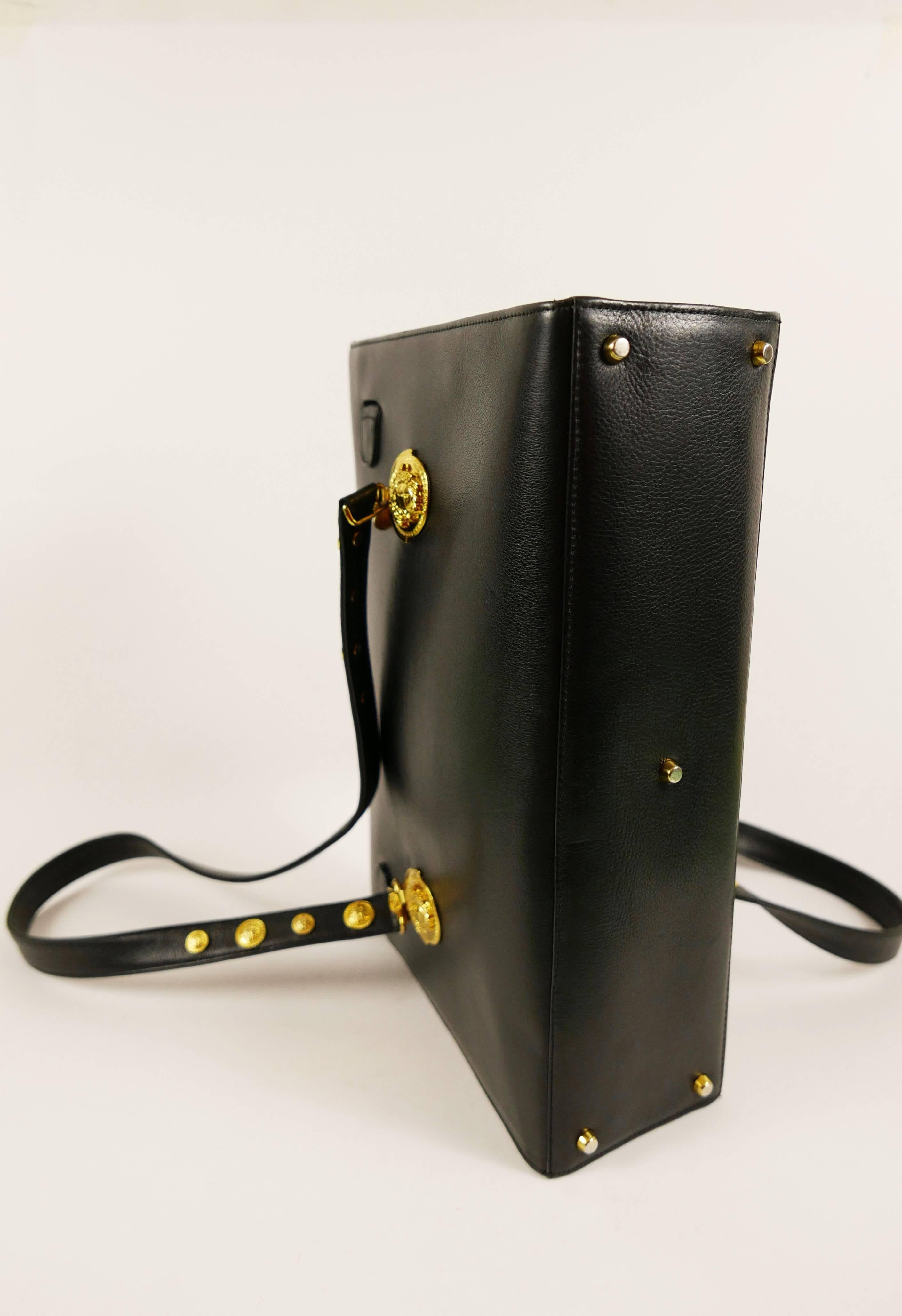 1990s GIANNI VERSACE Black Leather Kelly Shoulder Bag with Gold Hardware 1