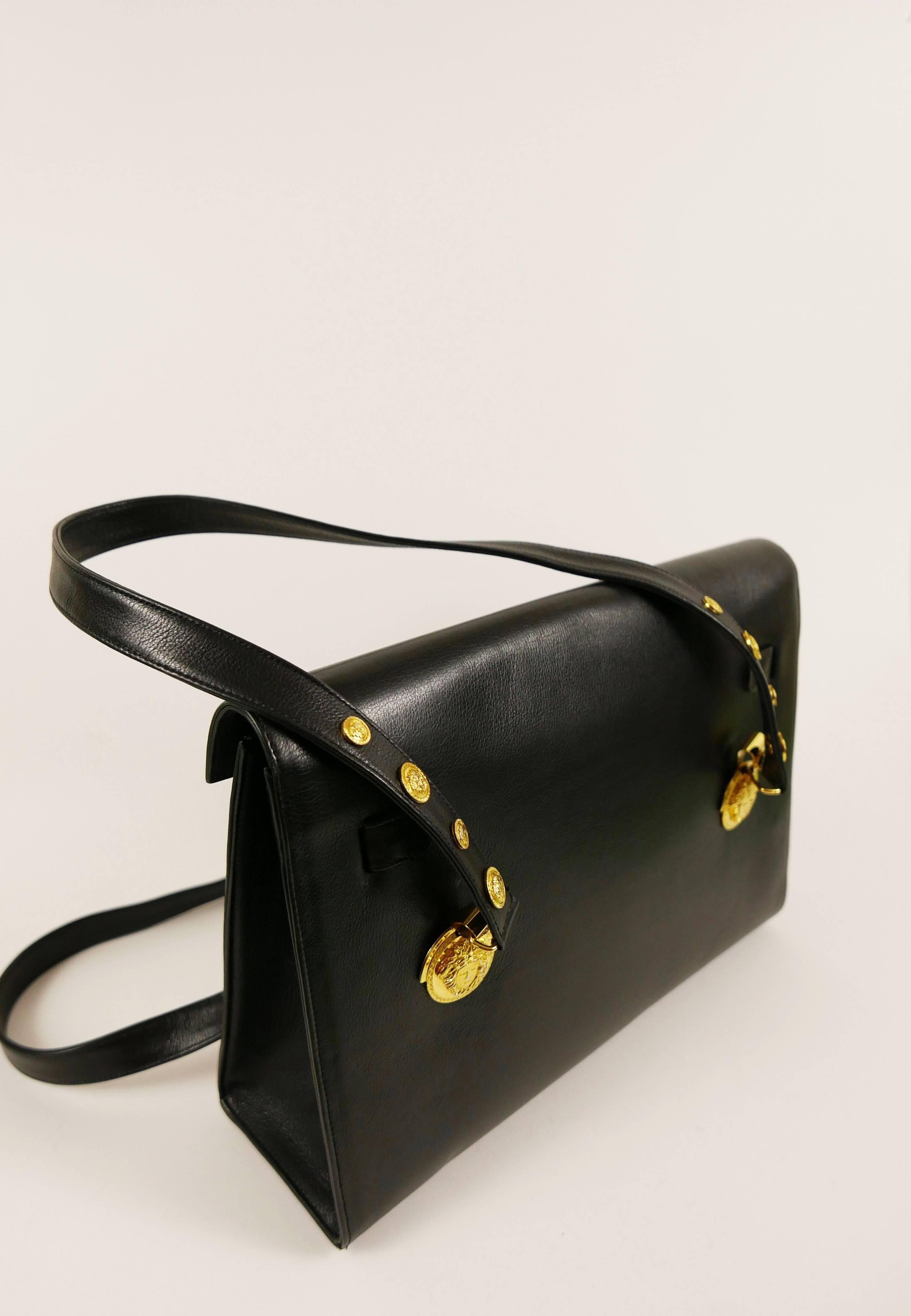 Women's 1990s GIANNI VERSACE Black Leather Kelly Shoulder Bag with Gold Hardware