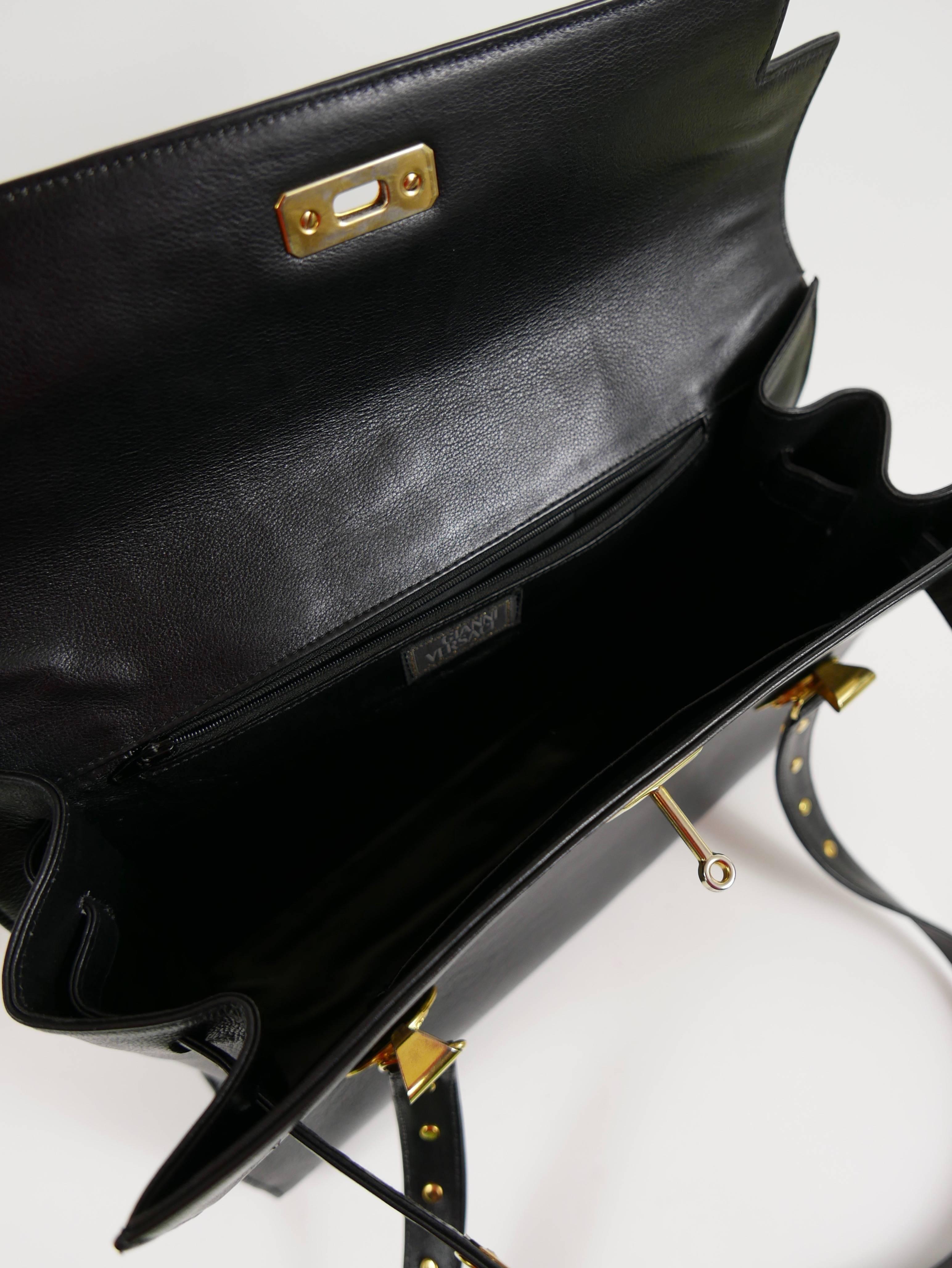 1990s GIANNI VERSACE Black Leather Kelly Shoulder Bag with Gold Hardware 2