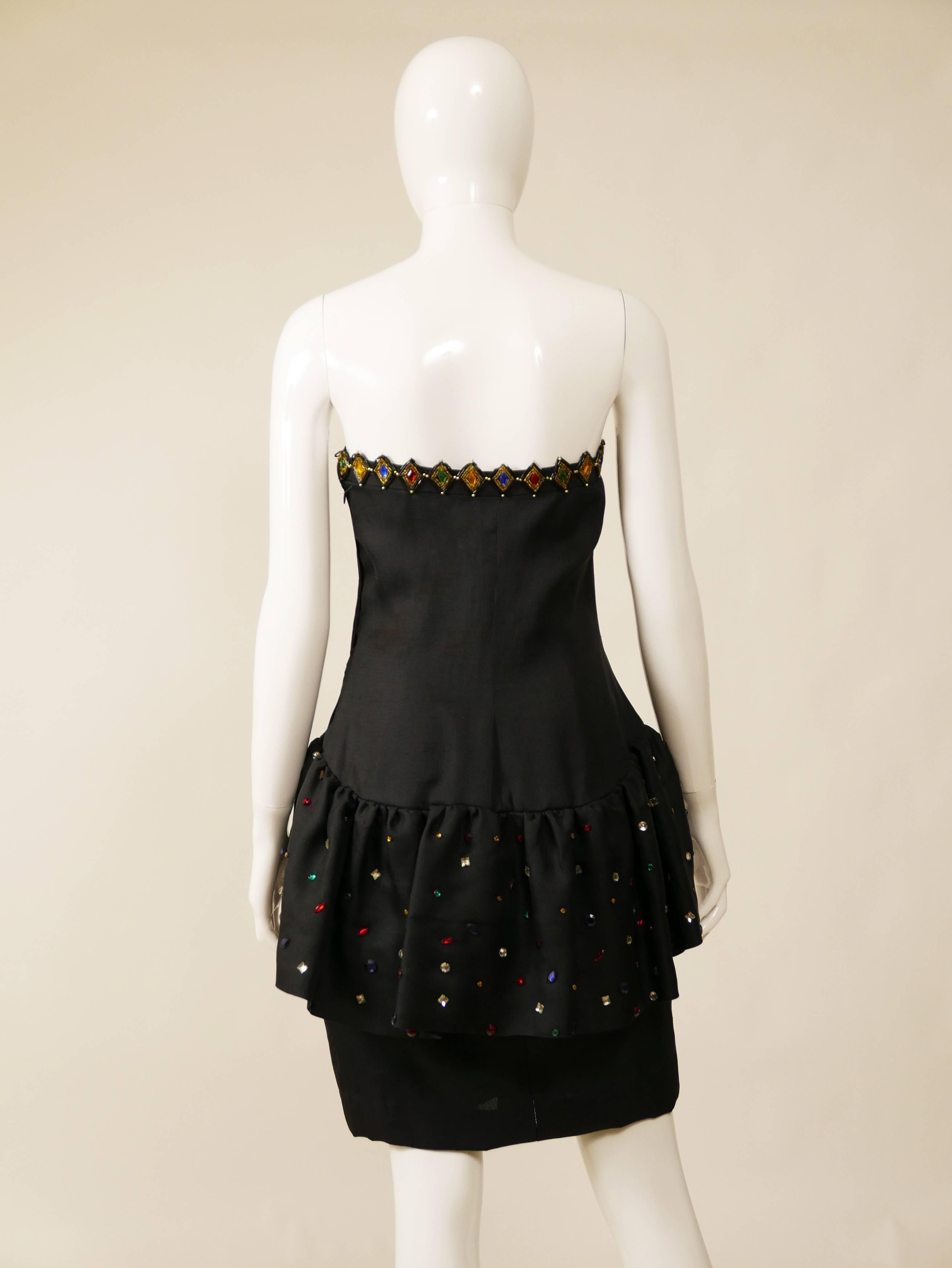 Women's 1980s SAINT LAURENT Rive Gauche Black Beadeds Strapless Cocktail Dress For Sale