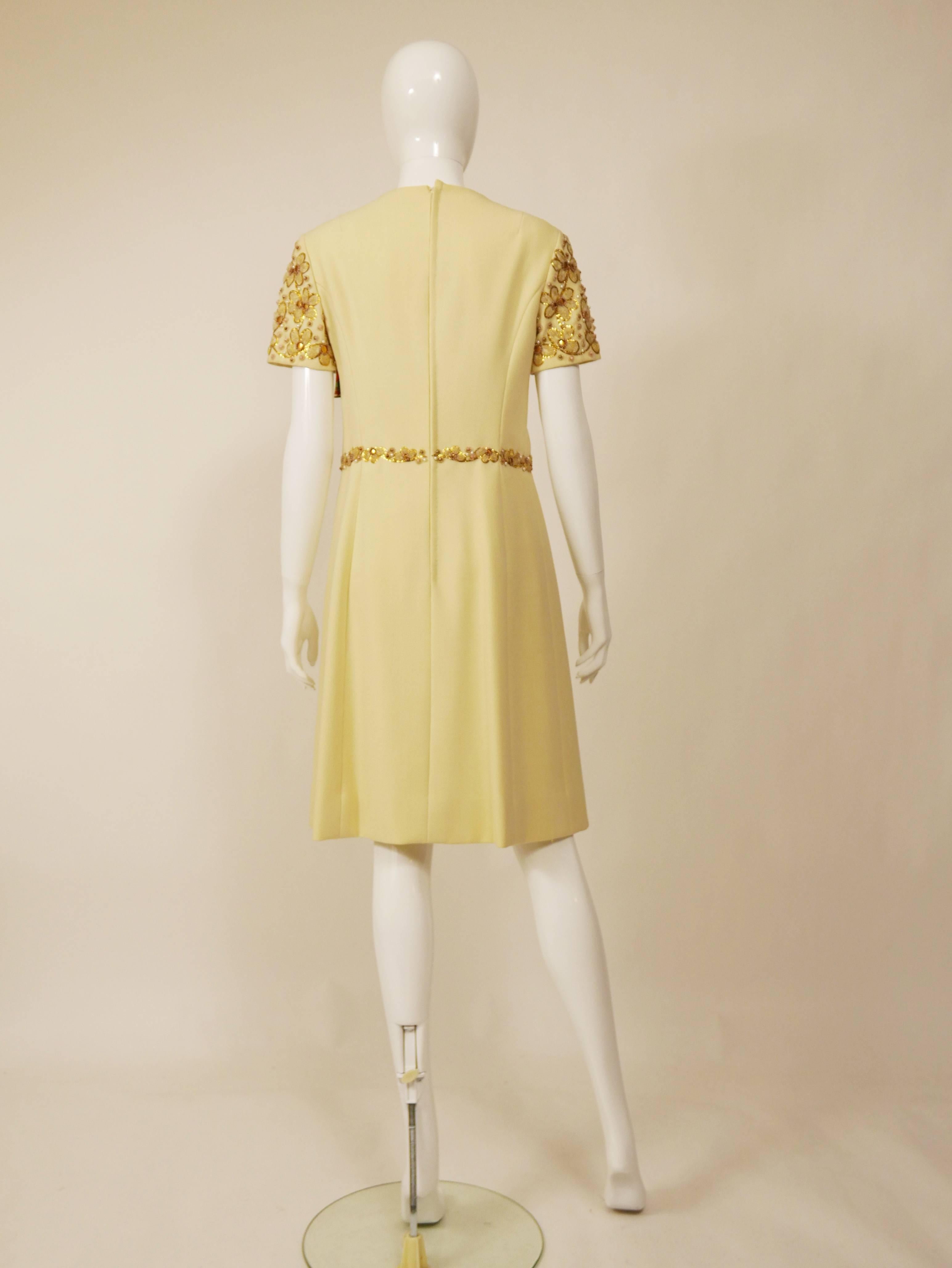 Beige 1960s Italian Couture Cream Embroidered Cocktail Mod Mini Dress 