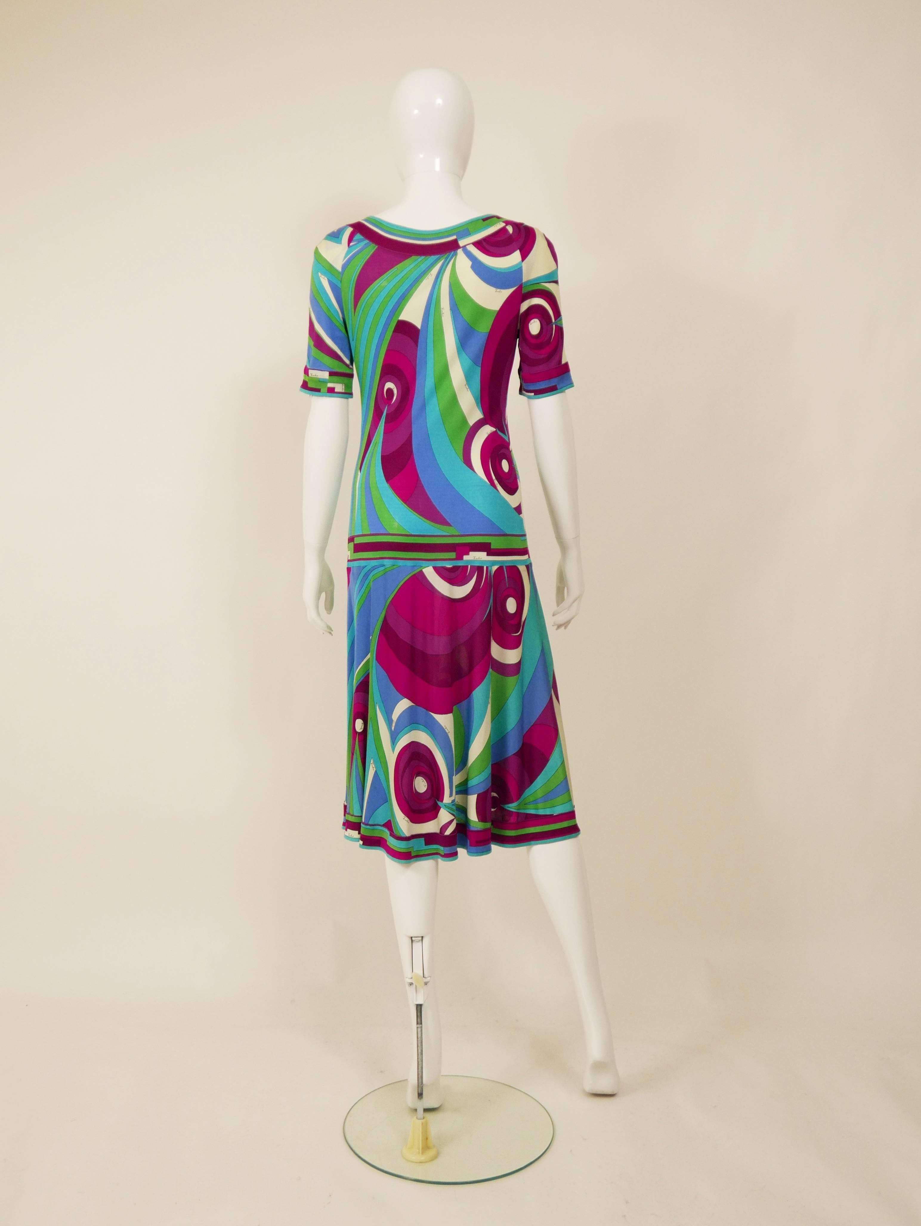 Blue 1970s EMILIO PUCCI Colorful Jersey Day Dress