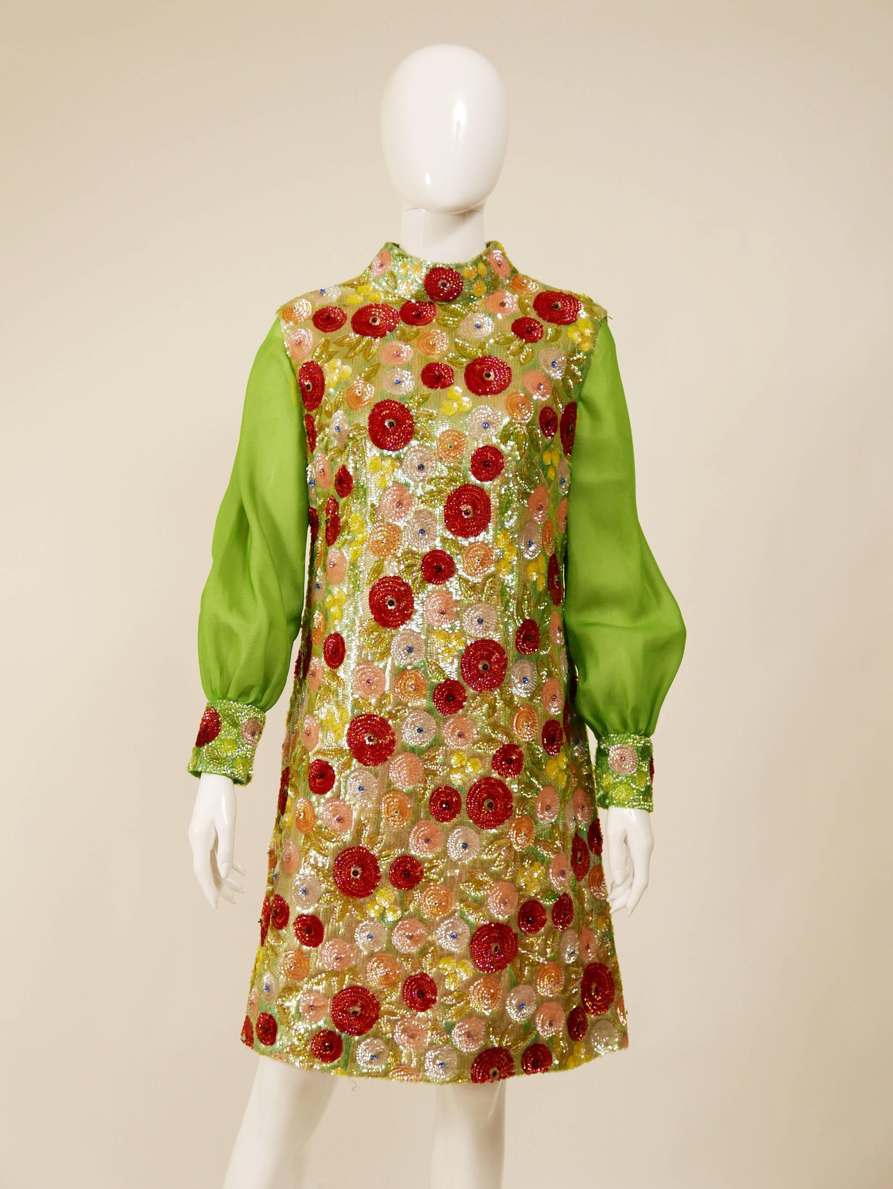1960s Italian Couture Sequins Cocktail Mod Mini Dress In Good Condition In Milan, Italy